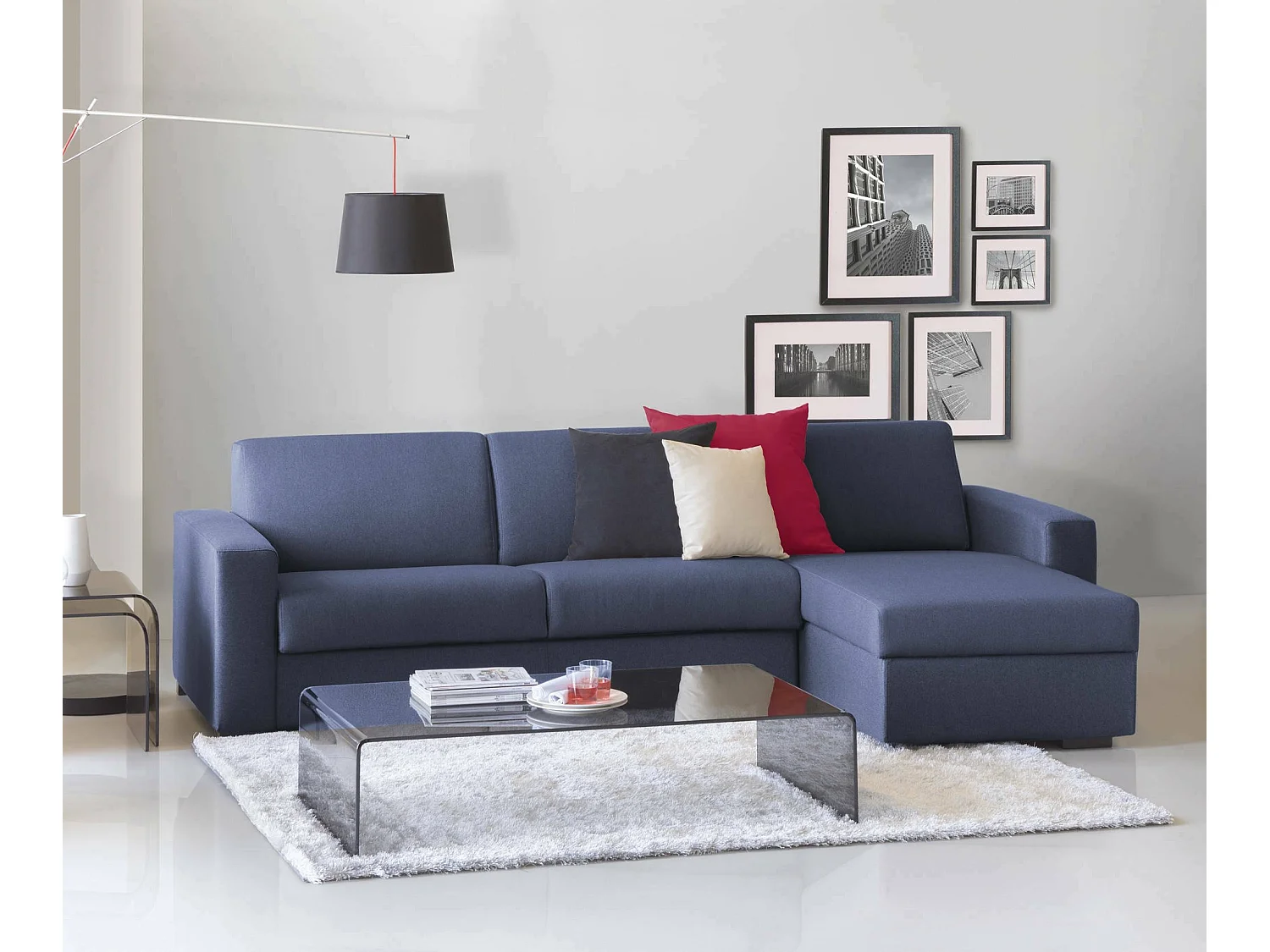 Sofá cama con península Alisea, sofá de apertura giratoria, península con almacenaje reversible, reposabrazos delgados, 100% Made in Italy, 260x95h90 cm, Azul