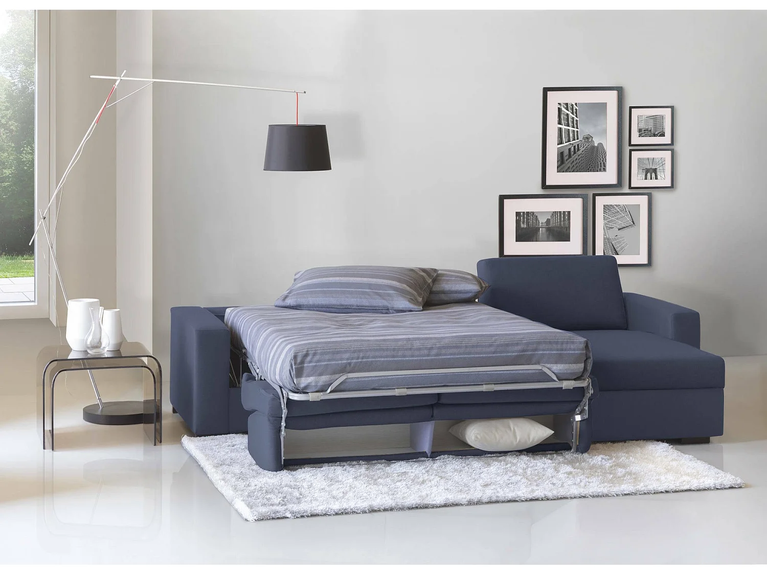 Sofá cama con península Alisea, sofá de apertura giratoria, península con almacenaje reversible, reposabrazos delgados, 100% Made in Italy, 260x95h90 cm, Azul