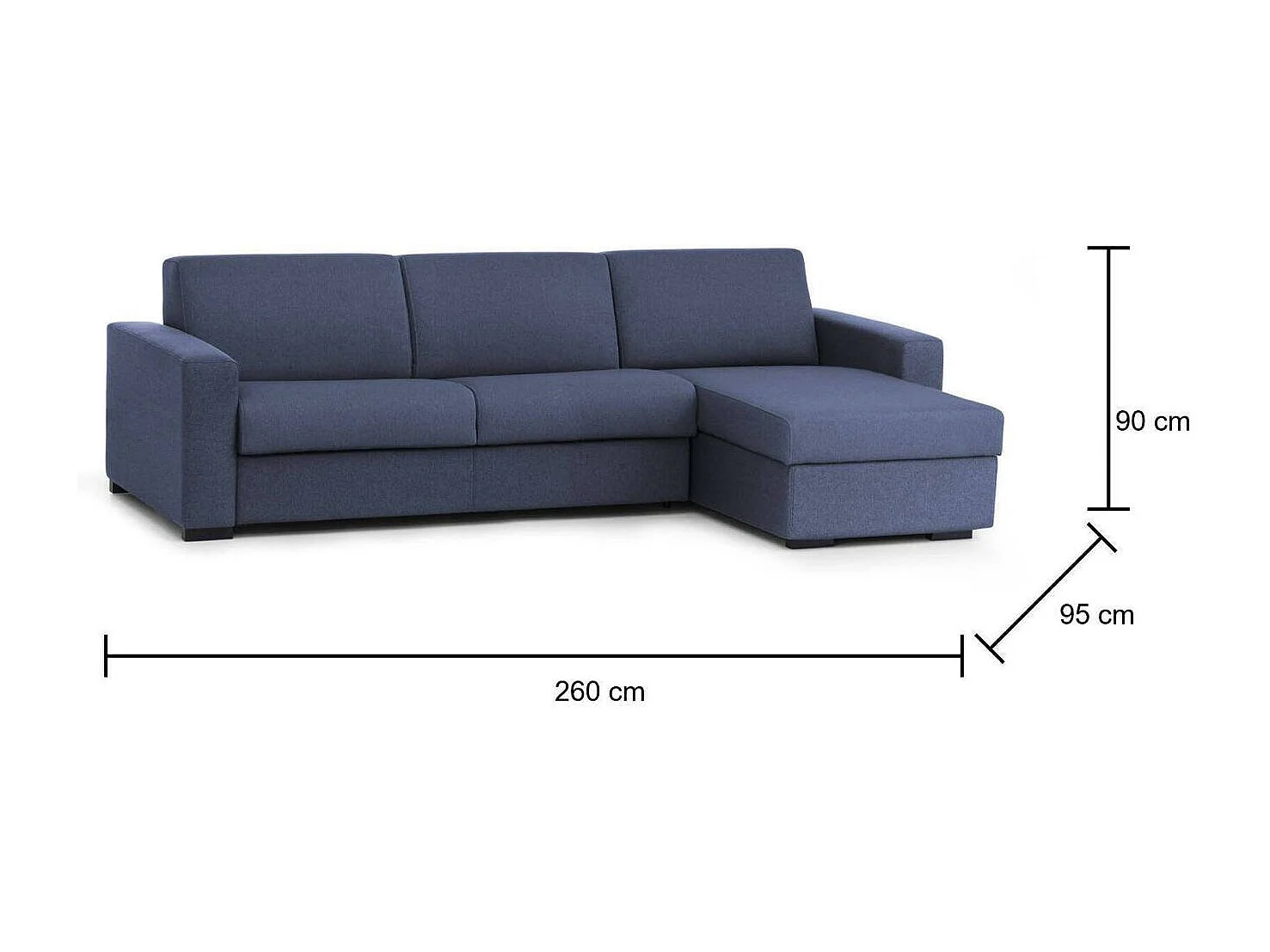 Divano Letto Alisea, Divano ad angolo, 100% Made in Italy, Sofà con apertura girevole, con Penisola contenitore reversibile, con Braccioli slim, Cm 260x95h90, Blu