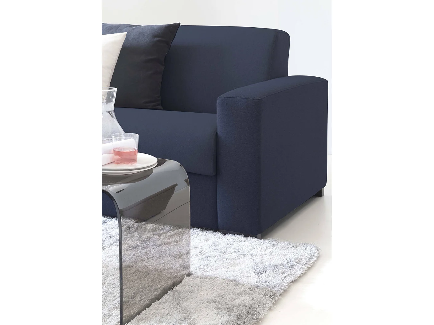 Divano Letto Alisea, Divano ad angolo, 100% Made in Italy, Sofà con apertura girevole, con Penisola contenitore reversibile, con Braccioli slim, Cm 260x95h90, Blu