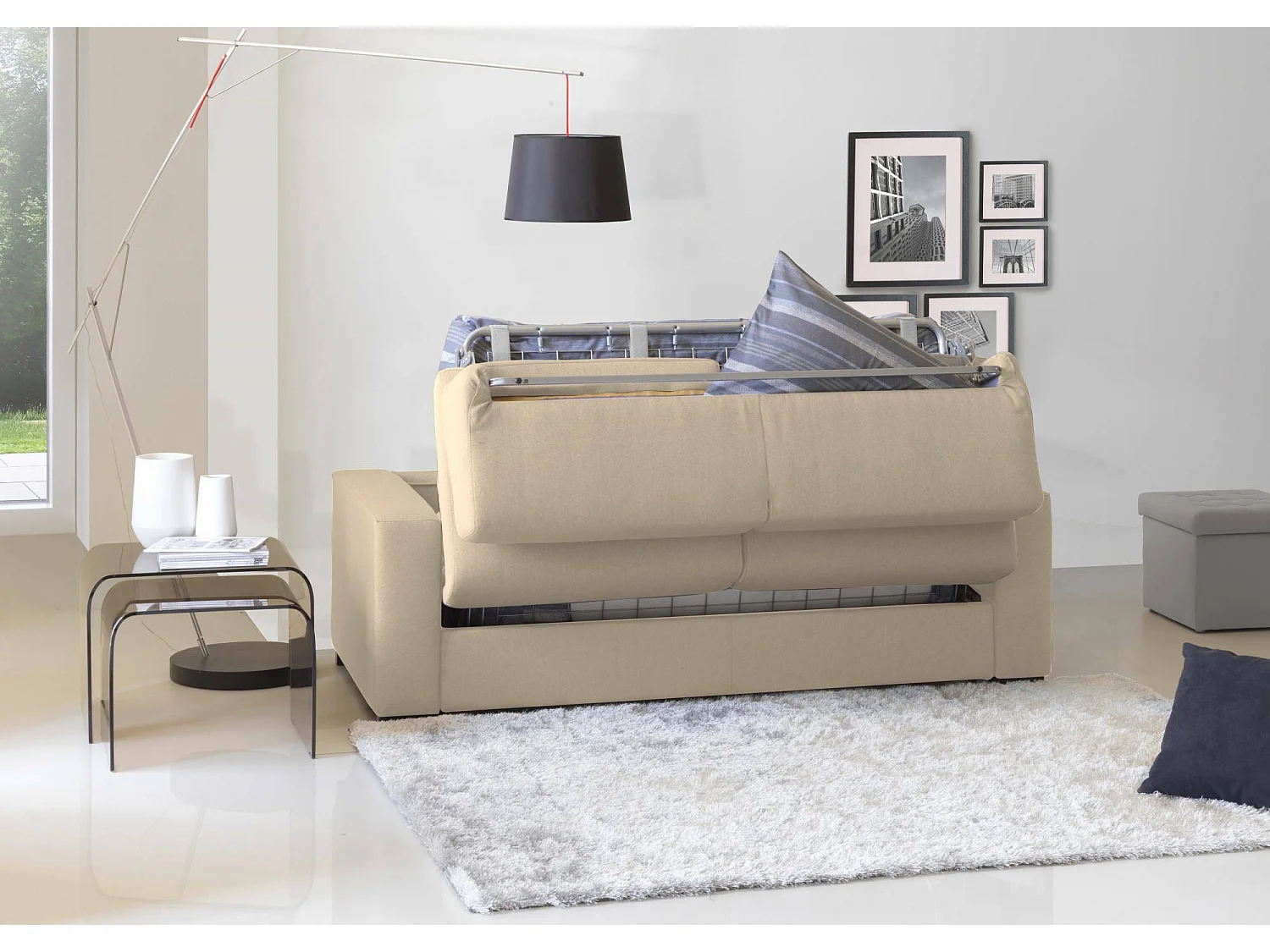 Canapé-lit Alena, canapé 2 places, 100% Made in Italy, Canapé de salon à ouverture pivotante, en tissu rembourré, avec accoudoirs fins, 160x95h90 cm, Beige