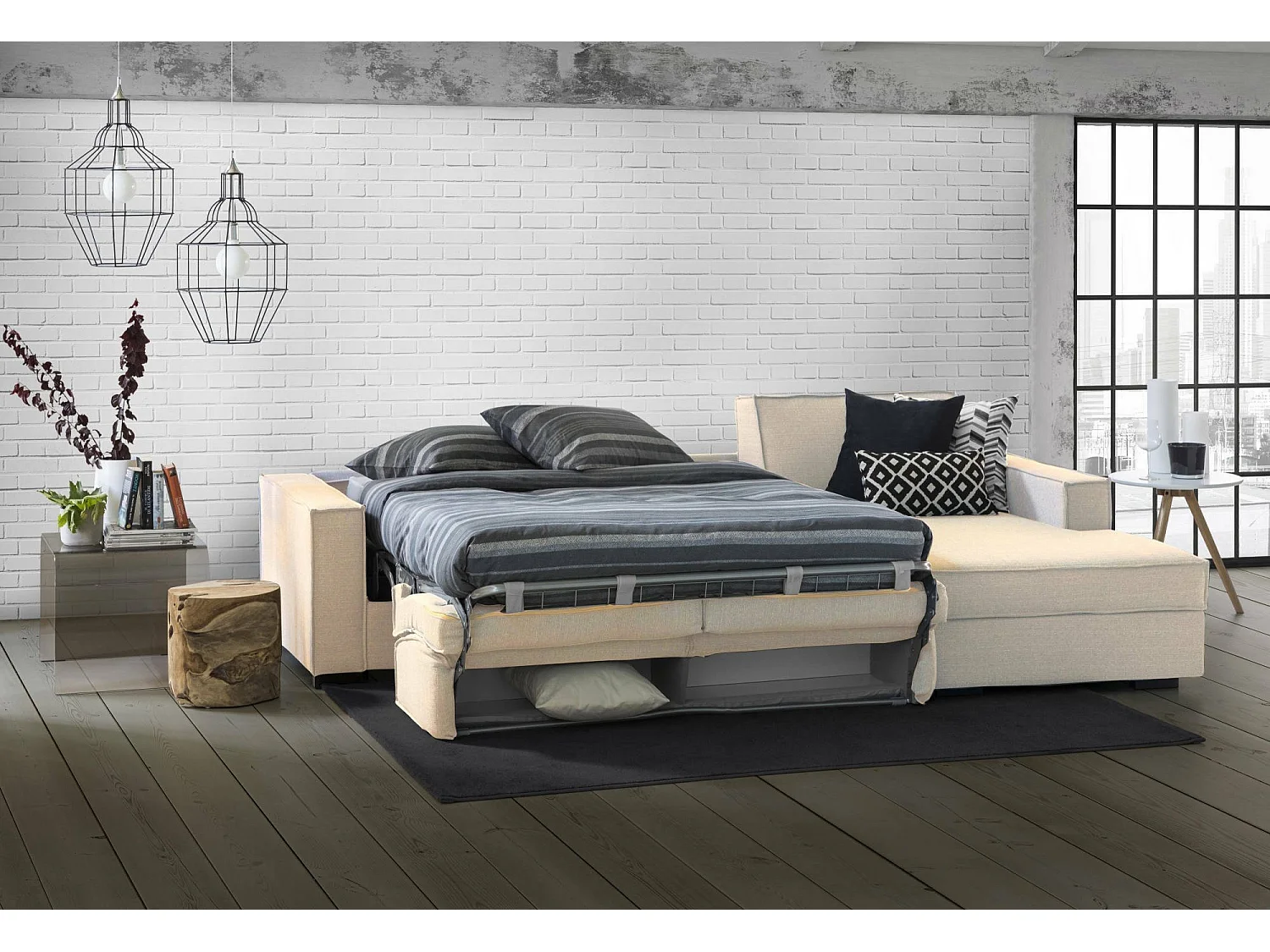 Canapé-lit Adela, Canapé d'angle, 100% Made in Italy, Canapé avec ouverture pivotante, Péninsule de rangement droite, avec accoudoirs standards, 280x95h90 cm, Beige