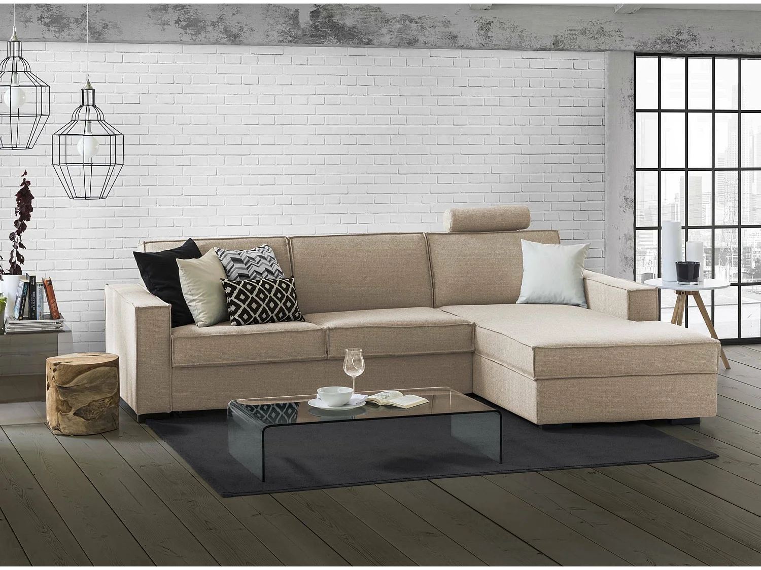 Adela Slaapbank, Hoekbank, 100% Made in Italy, Bank met draaibare opening, Opbergschiereiland rechts, met standaard armleuningen, 280x95h90 cm, Beige