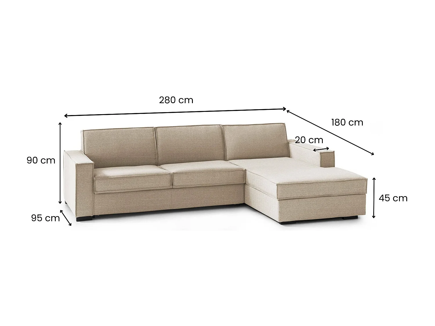 Schlafsofa Adela, Ecksofa, 100 % Made in Italy, Sofa mit drehbarer Ã–ffnung, Aufbewahrungshalbinsel rechts, mit Standardarmlehnen, 280 x 95 x 90 cm, Beige