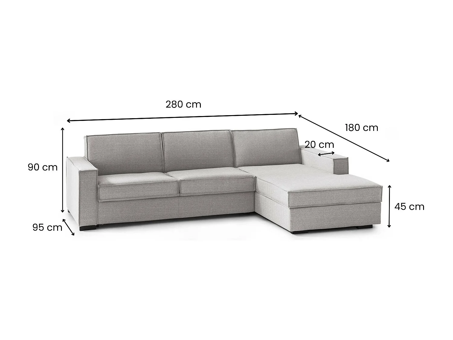 Canapé-lit Adela, Canapé d'angle, 100% Made in Italy, Canapé avec ouverture pivotante, Péninsule de rangement droite, avec accoudoirs standards, 280x95h90 cm, Gris