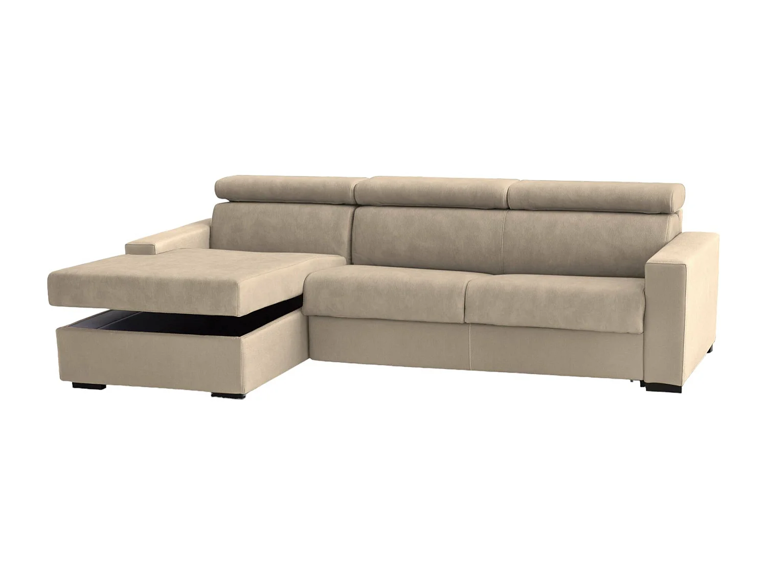 Divano fisso con penisola Eliana, Sof in tessuto, Chaise longue contenitore Sinistra, Braccioli slim, 100% Made in Italy, Cm 260x95h85, Beige