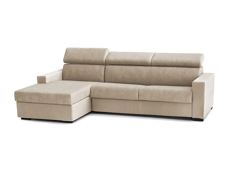 Sofá fijo con península Eliana, Sofá de tela, Chaise longue contenedor izquierdo, Reposabrazos Slim, 100% Made in Italy, 260x95h85 cm, Beige