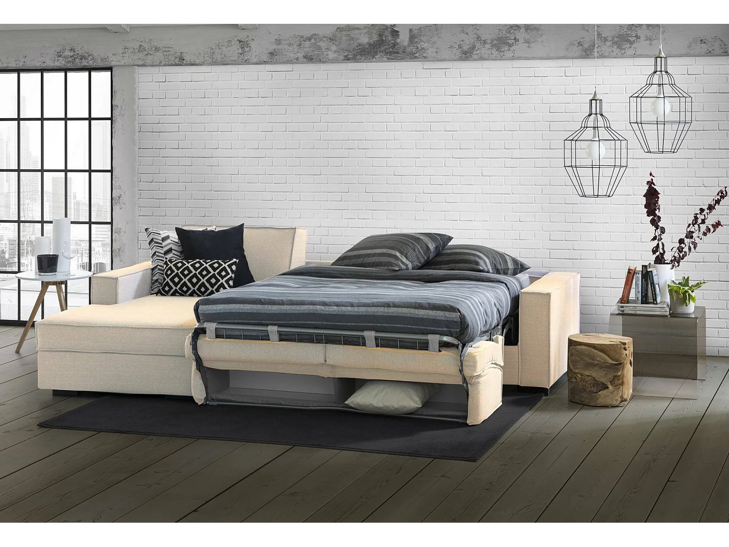 Sofá-cama Adelina, Sofá de canto, 100% Fabricado em Itália, Sofá com abertura giratória, Península de arrumação esquerda, com braços standard, 280x95h90 cm, Bege