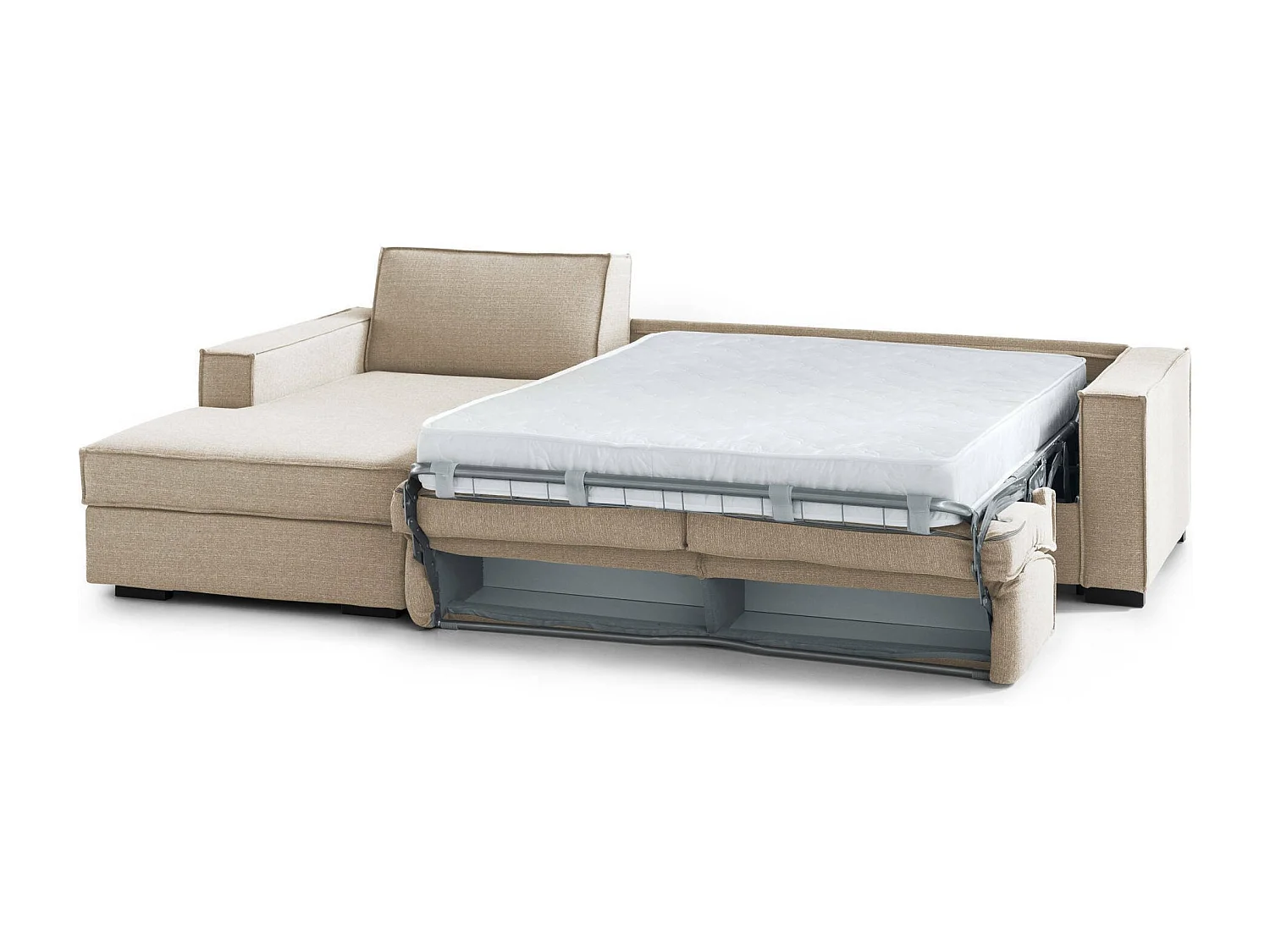 Schlafsofa Adelina, Ecksofa, 100%  Italy, Sofa mit Drehöffnung, Linke Containerhalbinsel, mit Standard-Armlehnen, Cm 280x95h90, Beige