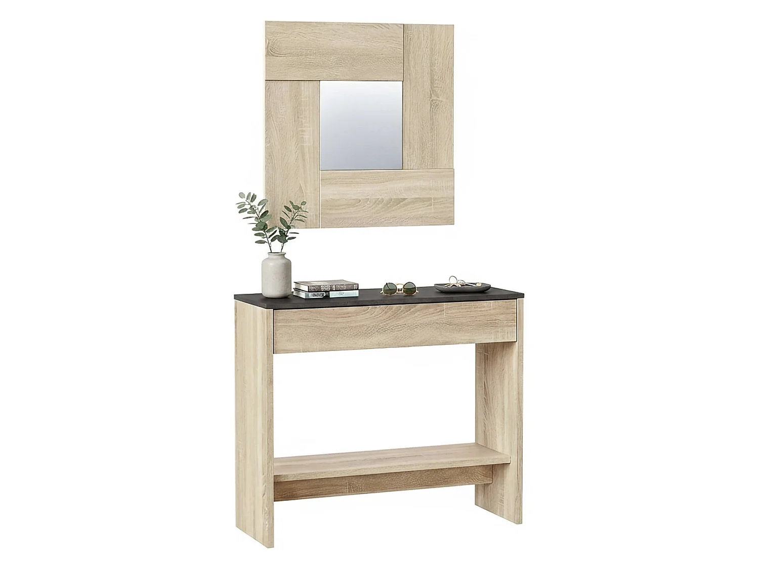 Meuble d'entrée Gilbert, Entrée avec miroir, Meuble avec tiroir et étagère pour entrée, Armoire moderne pour hall d'entrée, 92x33h149 cm, Chêne et Noyer