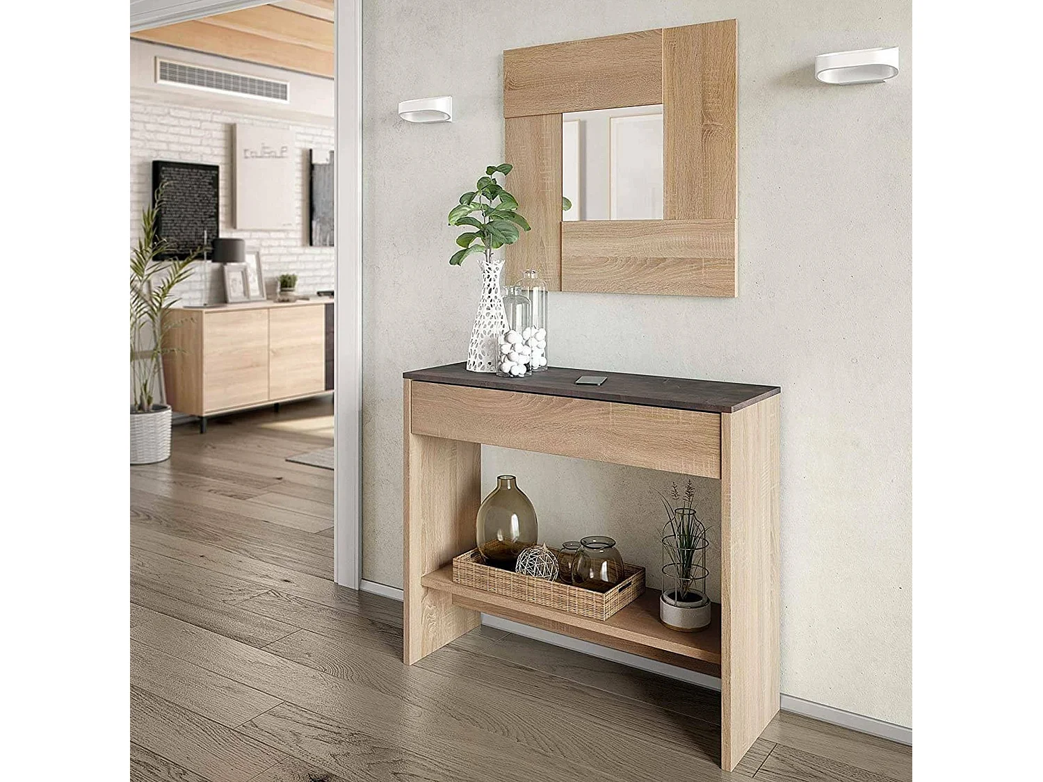 Meuble d'entrée Gilbert, Entrée avec miroir, Meuble avec tiroir et étagère pour entrée, Armoire moderne pour hall d'entrée, 92x33h149 cm, Chêne et Noyer