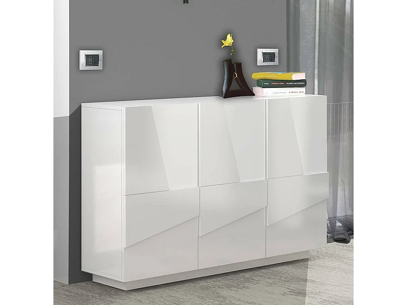 Aparador Elia, Buffet multifuncional para sala, aparador para sala com 3 portas, 100% Fabricado na Itália, 121x38h86 cm, Branco brilhante