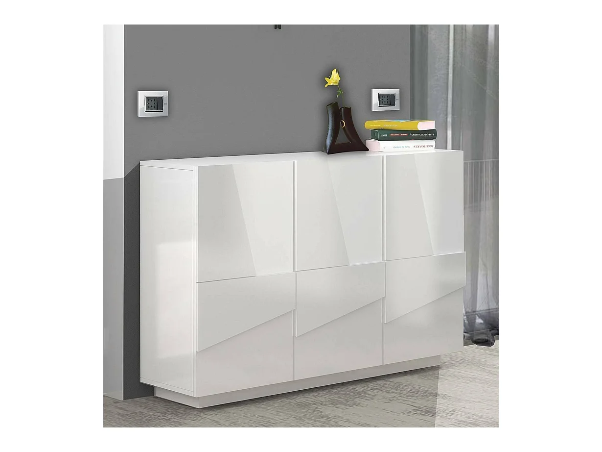 Credenza Elia, Buffet da soggiorno multifunzione, Madia da salotto a 3 ante, 100% Made in Italy, cm 121x38h86, Bianco lucido