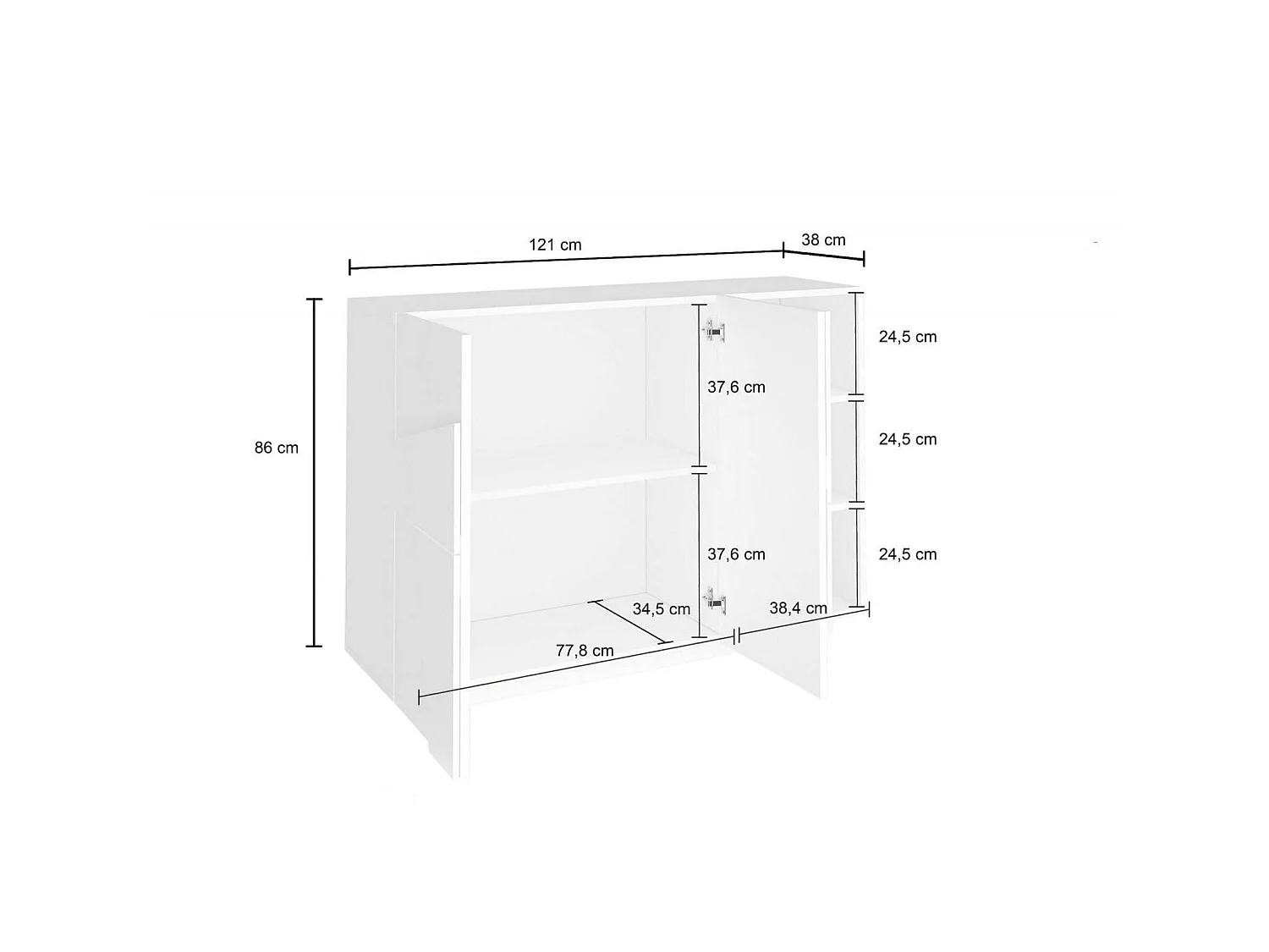 Dmora Dressoir Elia 38x121x86h cm Glanzend Wit 3 Planken 5 Vakjes, Dressoir 3 Deuren Made in Italy