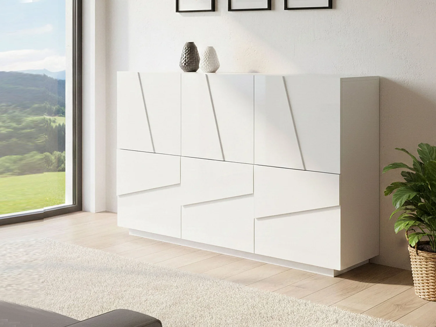 Dmora Dressoir Elia 38x121x86h cm Glanzend Wit 3 Planken 5 Vakjes, Dressoir 3 Deuren Made in Italy