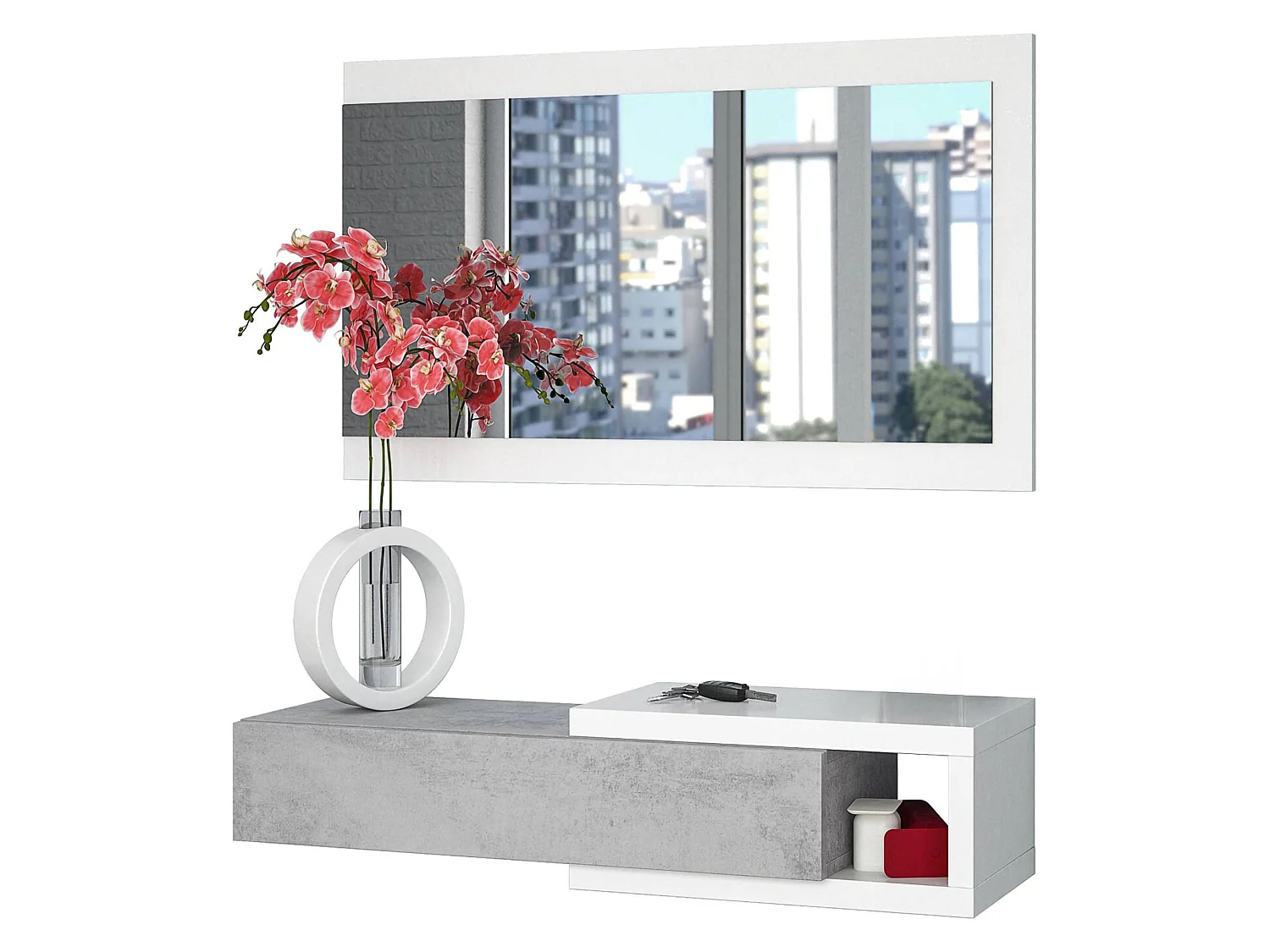 Meuble d'entrée Mcallen, Entrée réversible avec miroir, Meuble d'entrée avec tiroir, Plateau de poche pour appartements, 95x26h69 cm, Blanc et Ciment