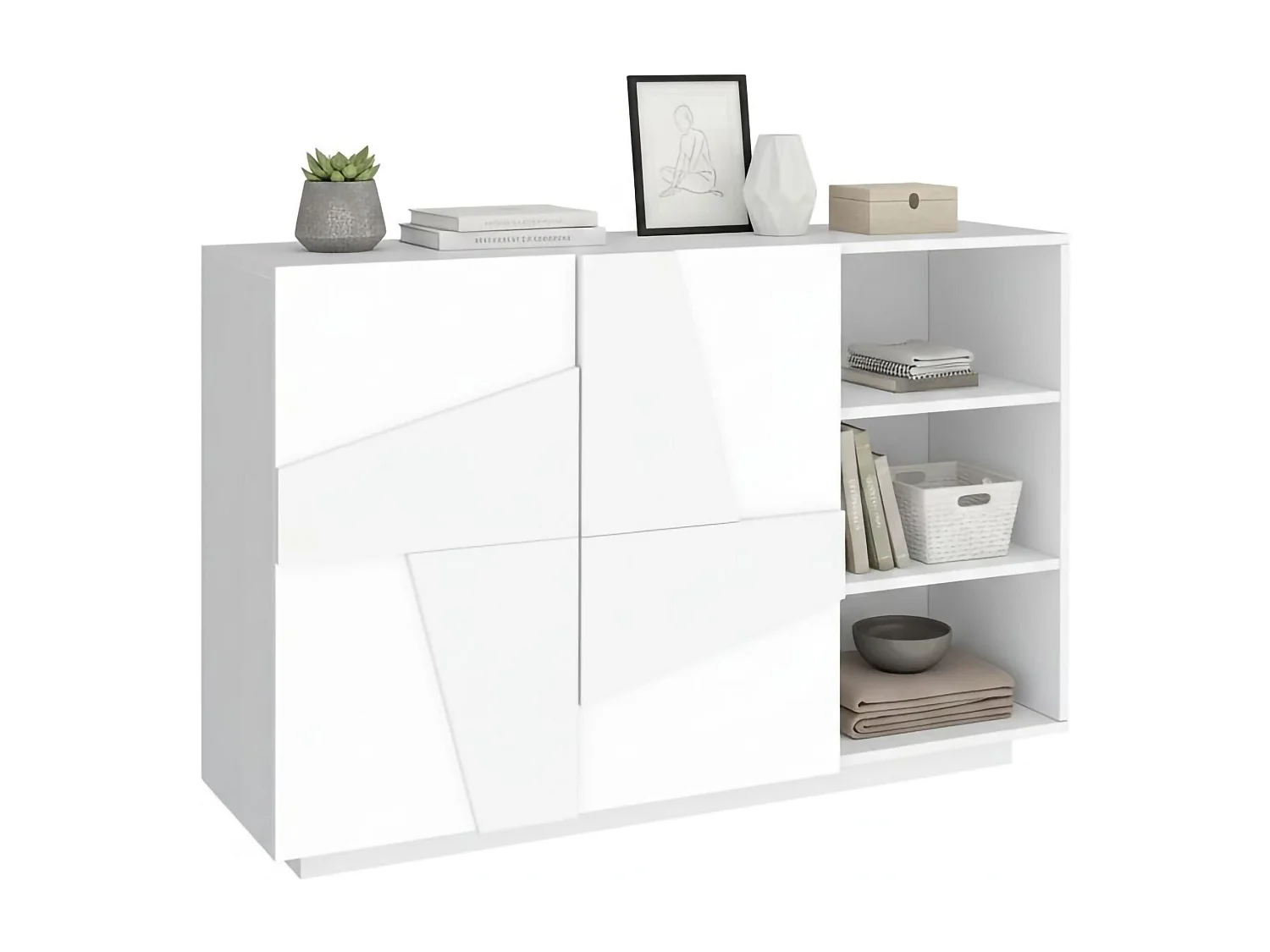 Dmora Credenza Salvo 38x121x86h cm Glanzend Wit 3 Planken 5 Compartimenten, Buffelkast 2 Deuren Made in Italy