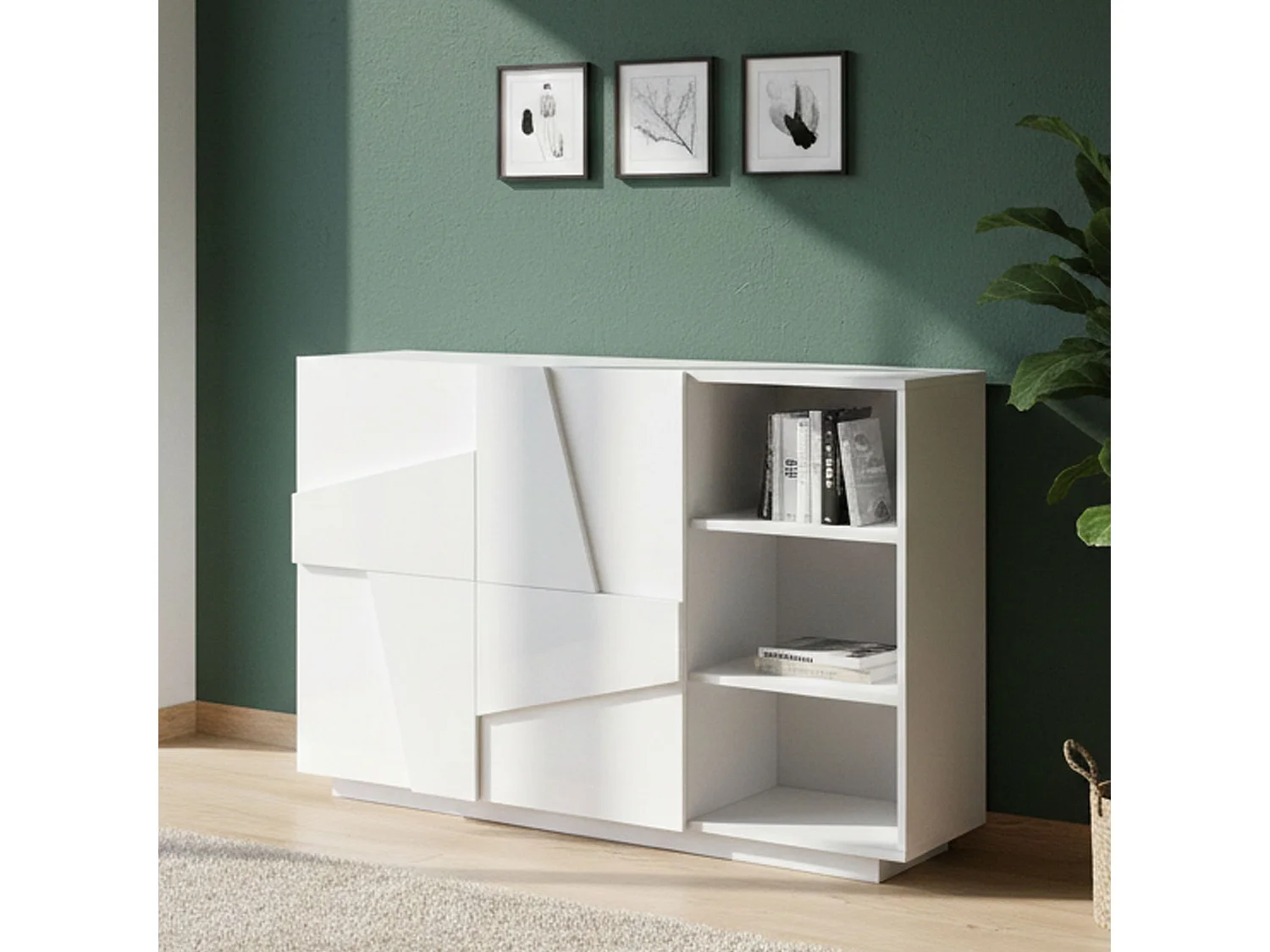 Dmora Credenza Salvo 38x121x86h cm Glanzend Wit 3 Planken 5 Compartimenten, Buffelkast 2 Deuren Made in Italy