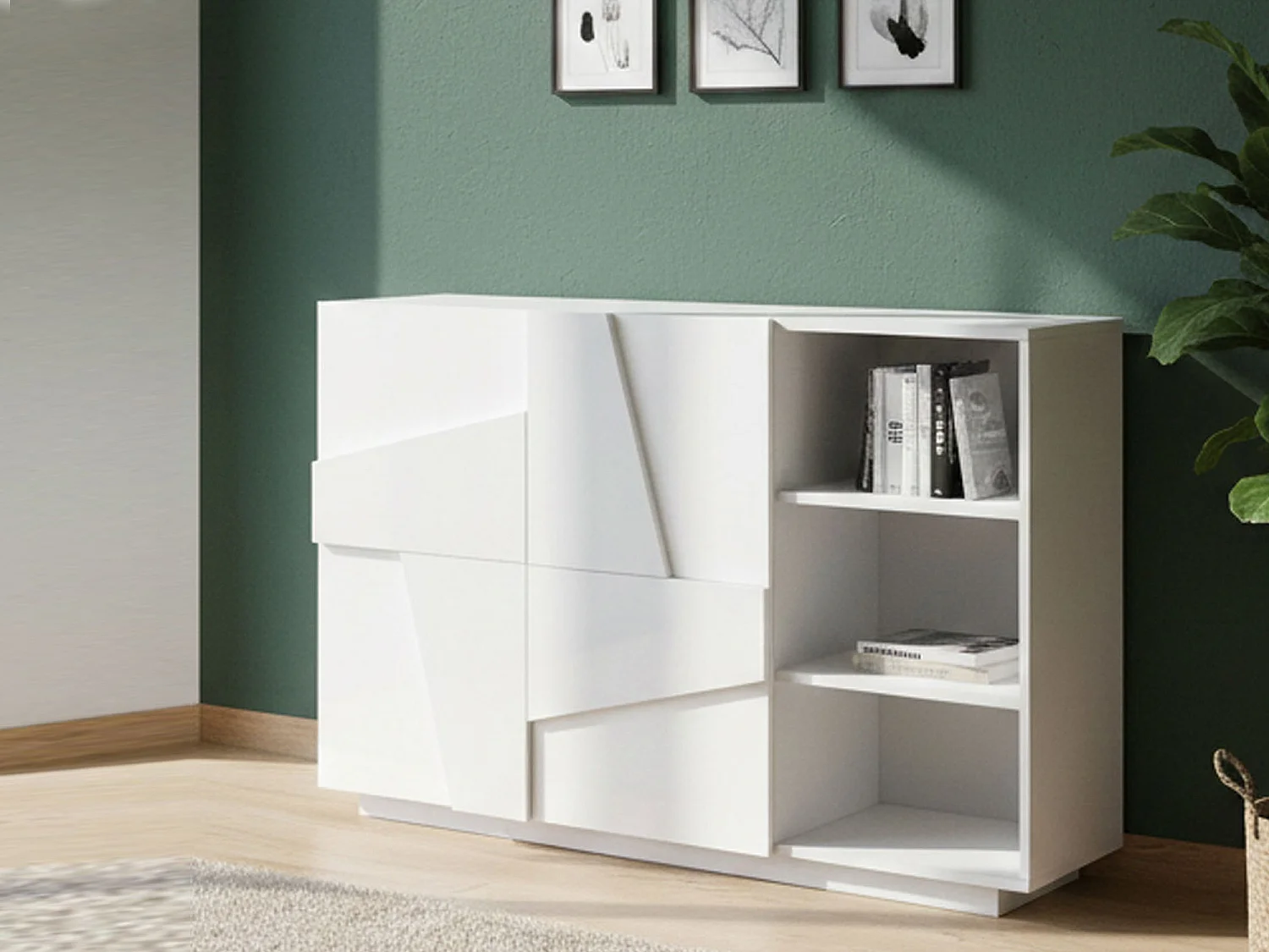 Dmora Credenza Salvo 38x121x86h cm Glanzend Wit 3 Planken 5 Compartimenten, Buffelkast 2 Deuren Made in Italy