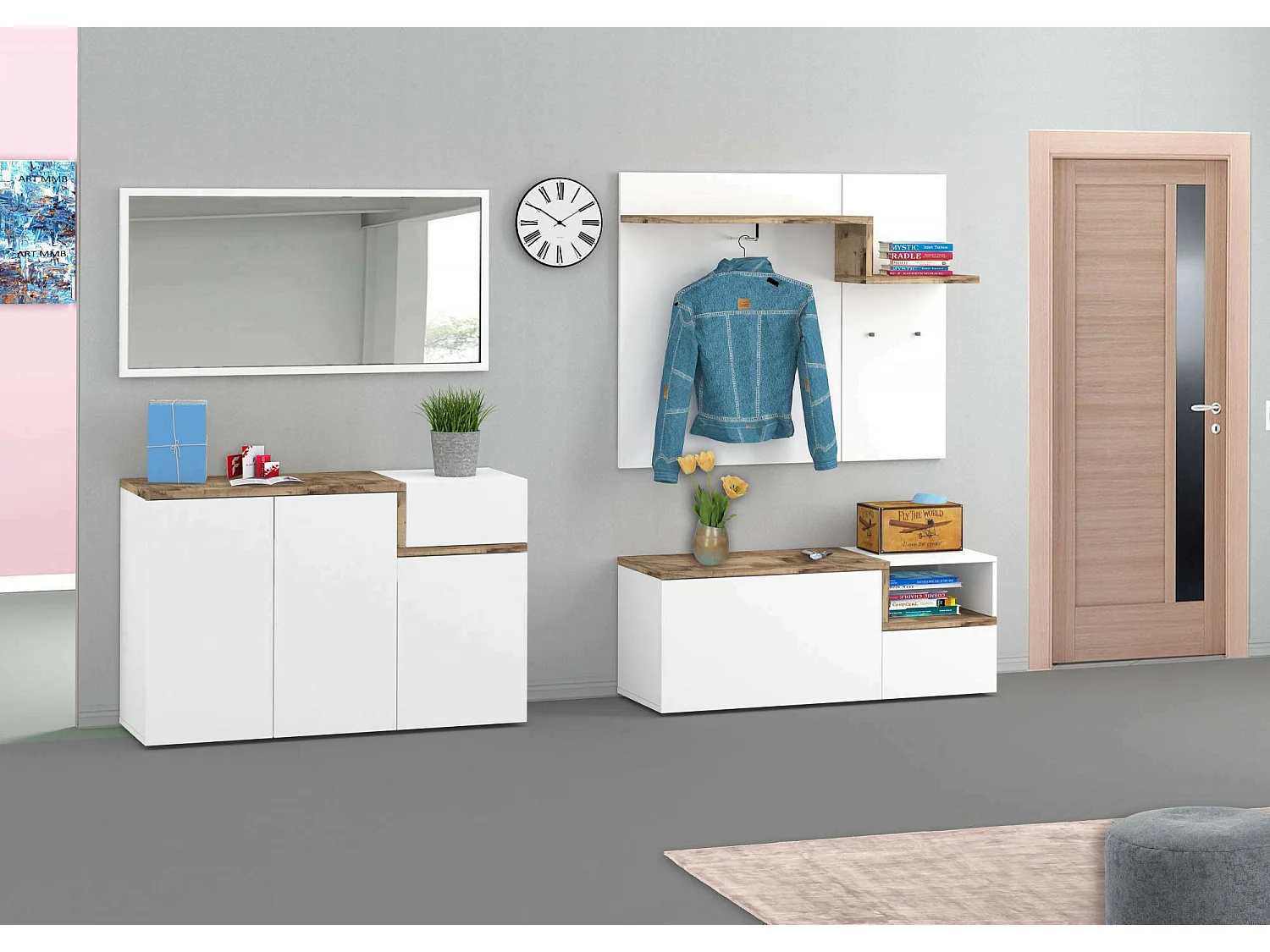 Meuble d'entrée Yuri, entrée multifonction moderne, casier polyvalent pour hall d'entrée, 100% Made in Italy, 120x40h54 cm, blanc brillant et érable