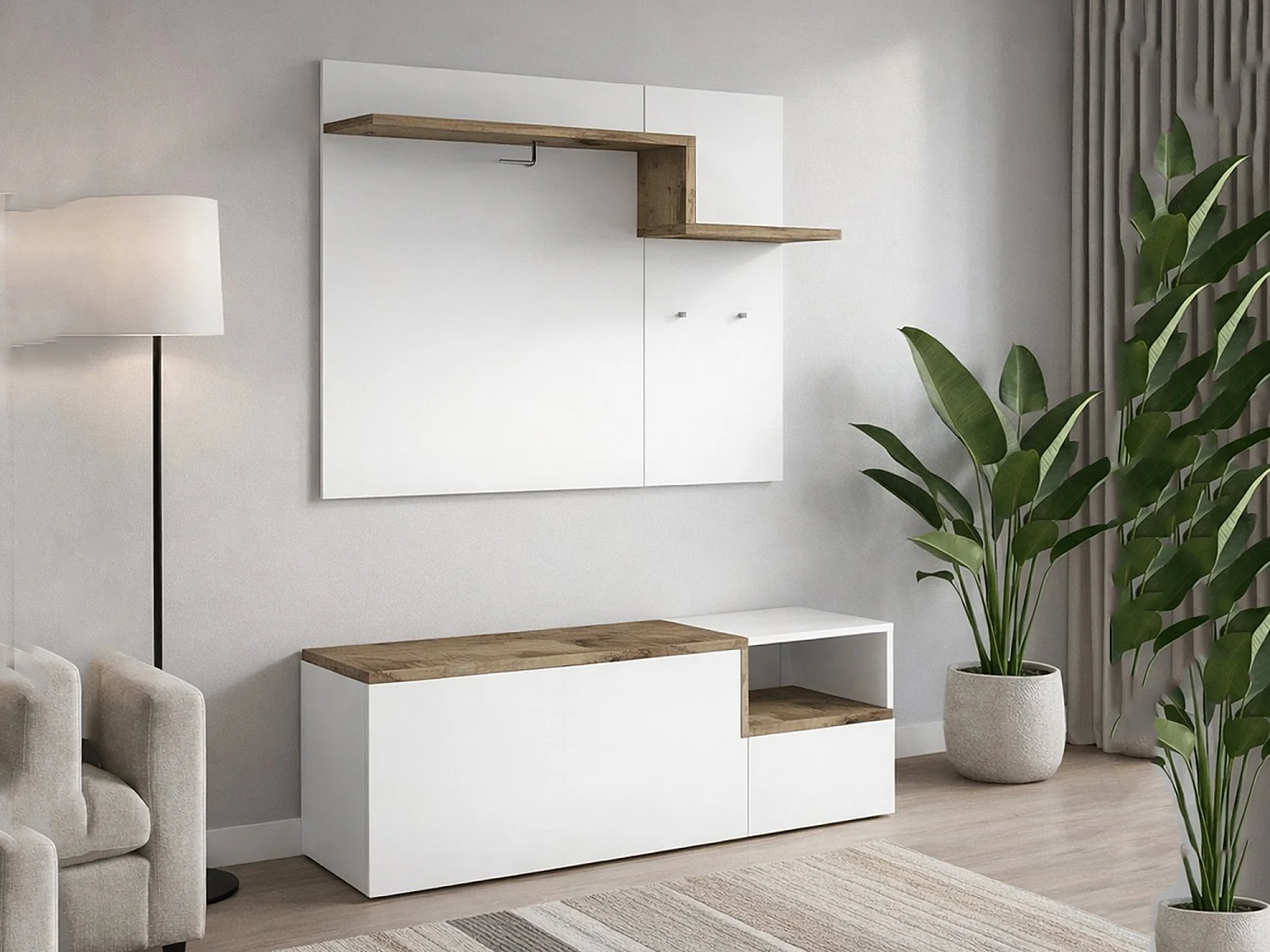 Mueble de entrada Yuri, entrada multifunción moderna, taquilla multiusos para recibidor, 100% Made in Italy, 120x40h54 cm, blanco brillo y arce