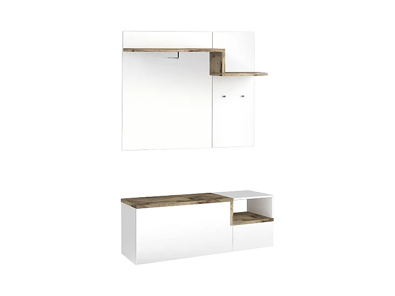 Meuble d'entrée Yuri, entrée multifonction moderne, casier polyvalent pour hall d'entrée, 100% Made in Italy, 120x40h54 cm, blanc brillant et érable