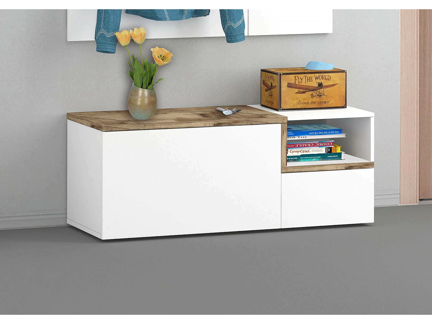 Meuble d'entrée Flavio, entrée multifonction moderne, casier polyvalent pour hall d'entrée, 100% Made in Italy, 120x40h54 cm, blanc brillant et érable