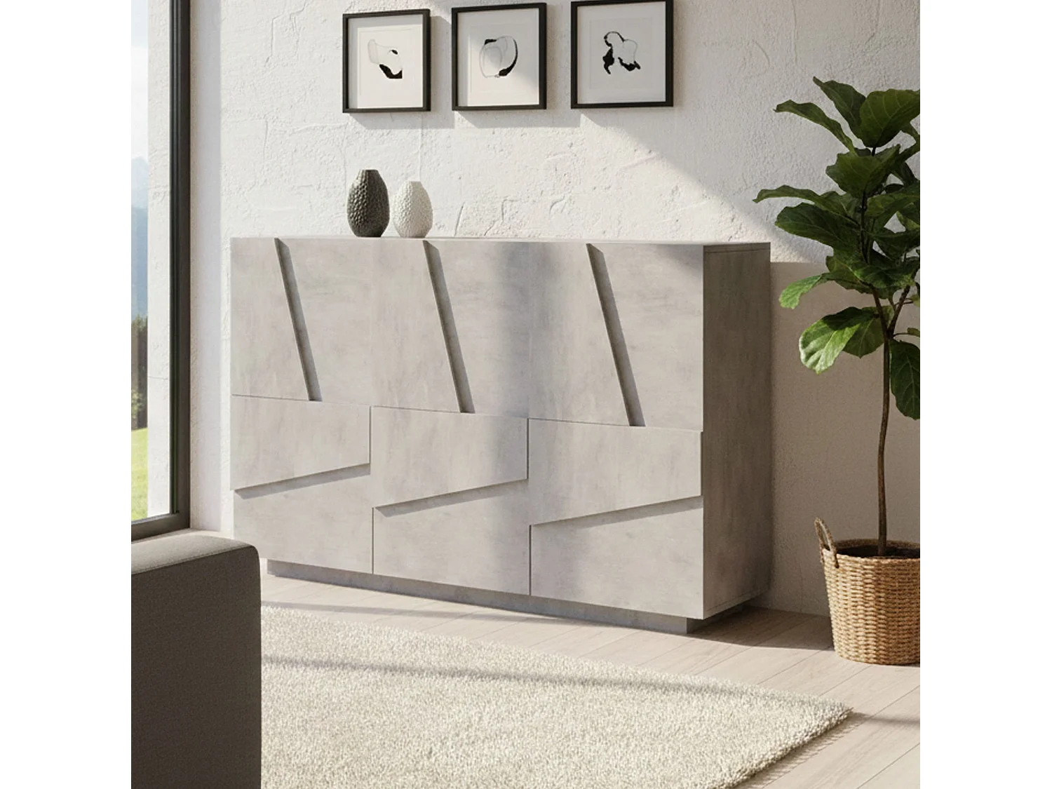 Buffet Elia, Buffet de salon multifonction, Buffet de salon 3 portes, 100% Made in Italy, 121x38h86 cm, Ciment