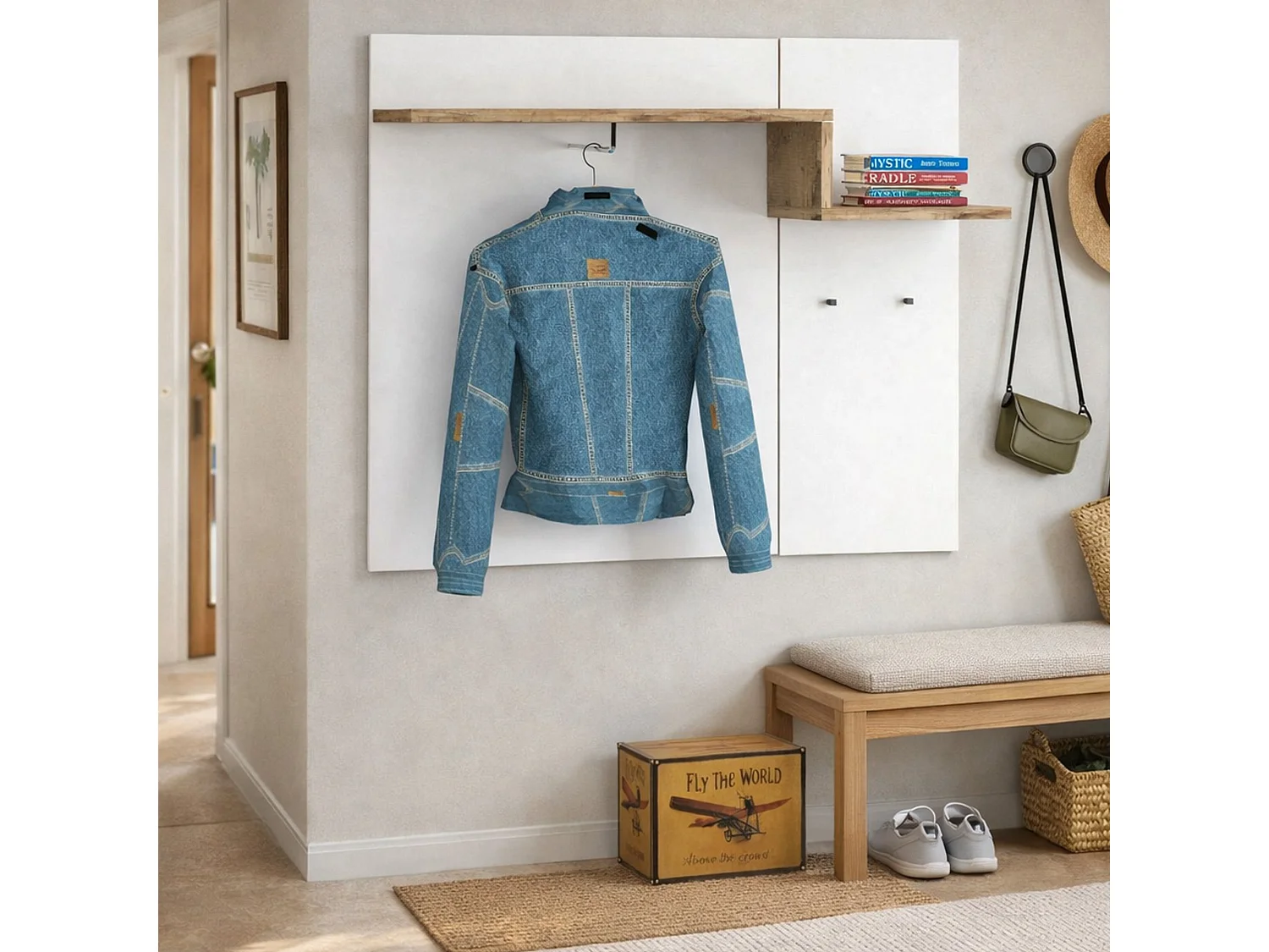 Meuble d'entrée Ezio, entrée multifonction moderne, casier polyvalent pour hall d'entrée, 100% Made in Italy, 120x30h100 cm, blanc brillant et érable