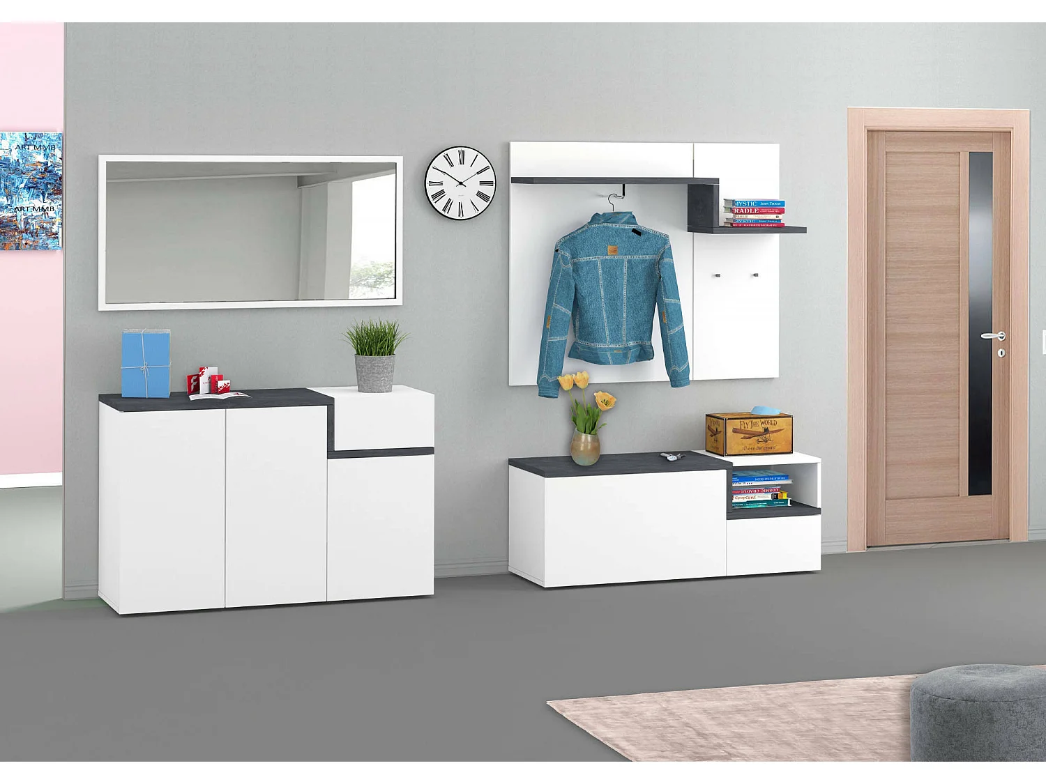 Meuble d'entrée Ezio, entrée multifonction moderne, casier polyvalent pour hall d'entrée, 100% Made in Italy, 120x30h100 cm, blanc brillant et ardoise