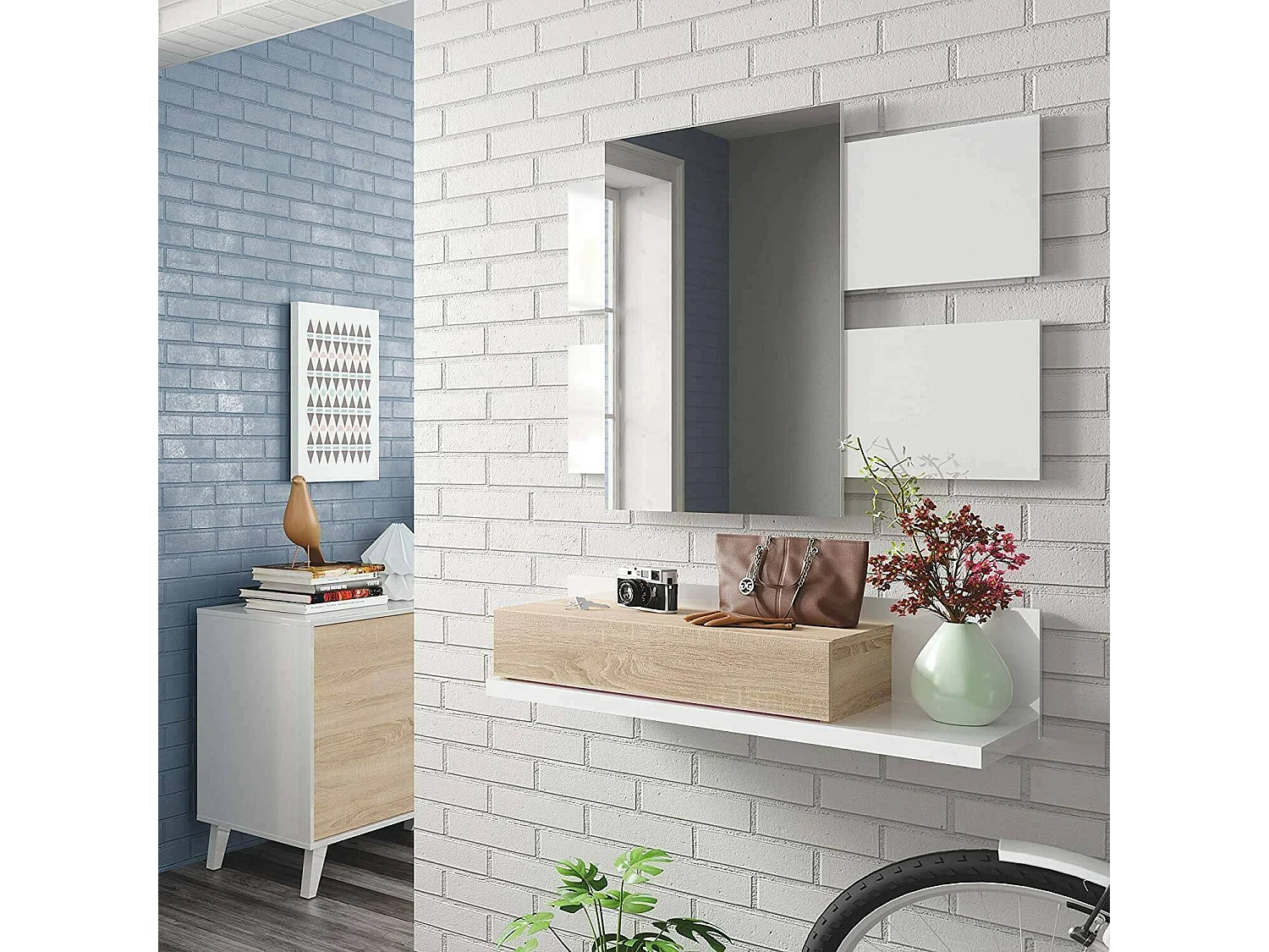 Erie entreemeubel, Hangende entree met spiegel, Entreemeubel met lade, 75x29h90 cm, Wit en Eiken