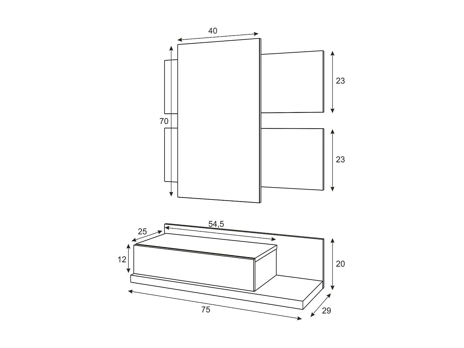 Erie entreemeubel, Hangende entree met spiegel, Entreemeubel met lade, 75x29h90 cm, Wit en Eiken