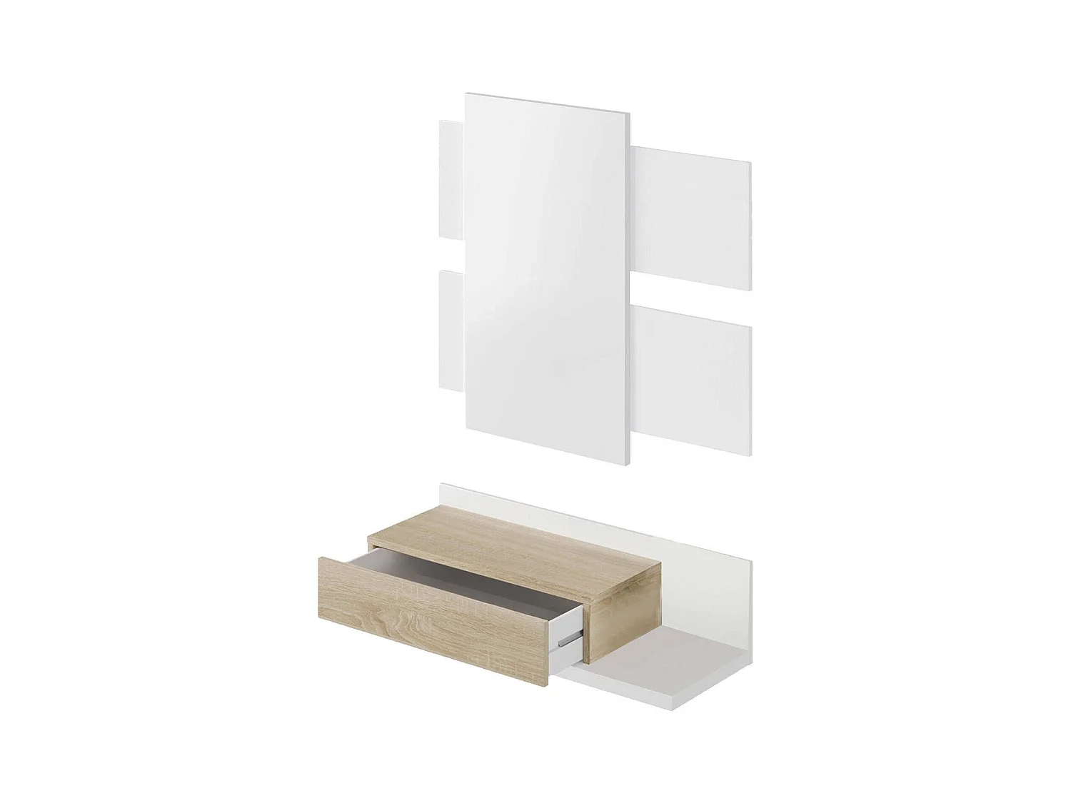 Meuble d'entrée Erie, Entrée suspendue avec miroir, Meuble d'entrée avec tiroir, 75x29h90 cm, Blanc et Chêne
