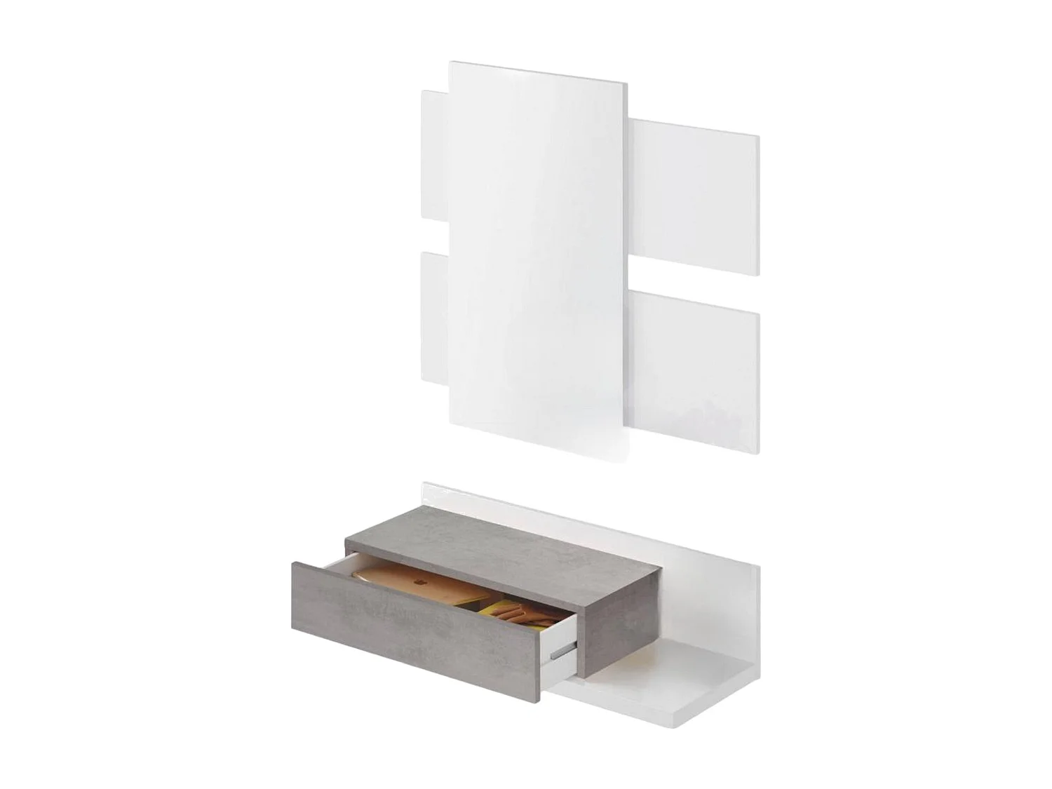 Meuble d'entrée Erie, entrée suspendue avec miroir, meuble avec tiroir pour entrée, 75x29h90 cm, Blanc et Ciment