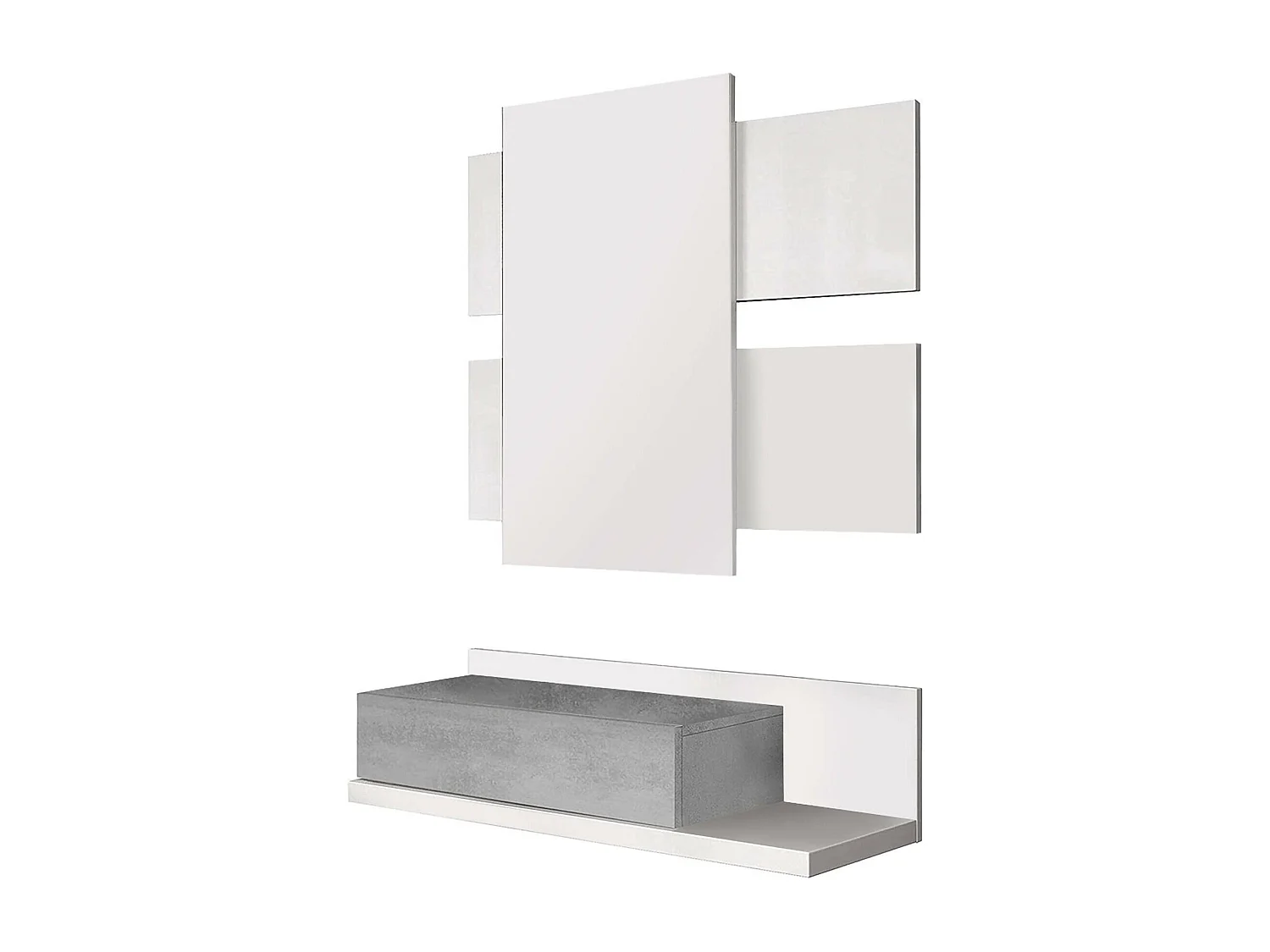 Erie entreemeubel, Hangende entree met spiegel, Entreemeubel met lade, 75x29h90 cm, Wit en Cement