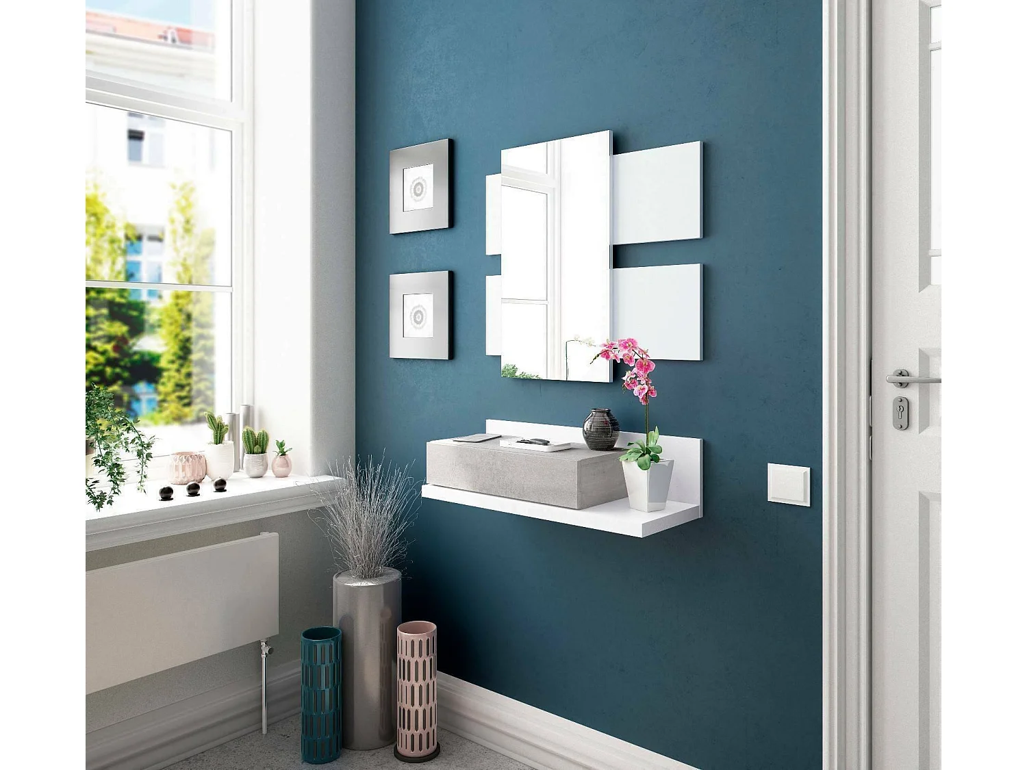 Erie entreemeubel, Hangende entree met spiegel, Entreemeubel met lade, 75x29h90 cm, Wit en Cement