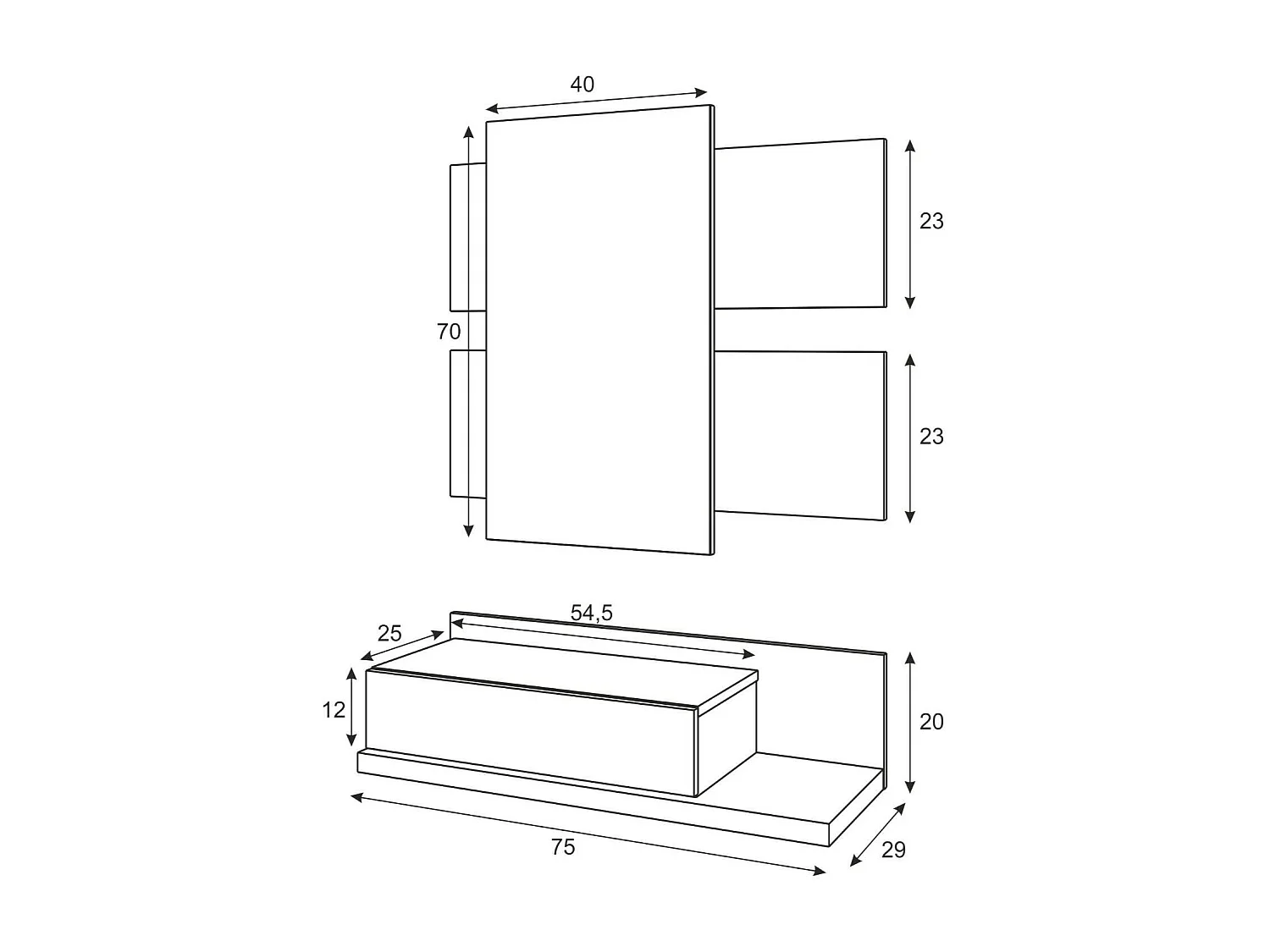 Erie entreemeubel, Hangende entree met spiegel, Entreemeubel met lade, 75x29h90 cm, Wit en Cement