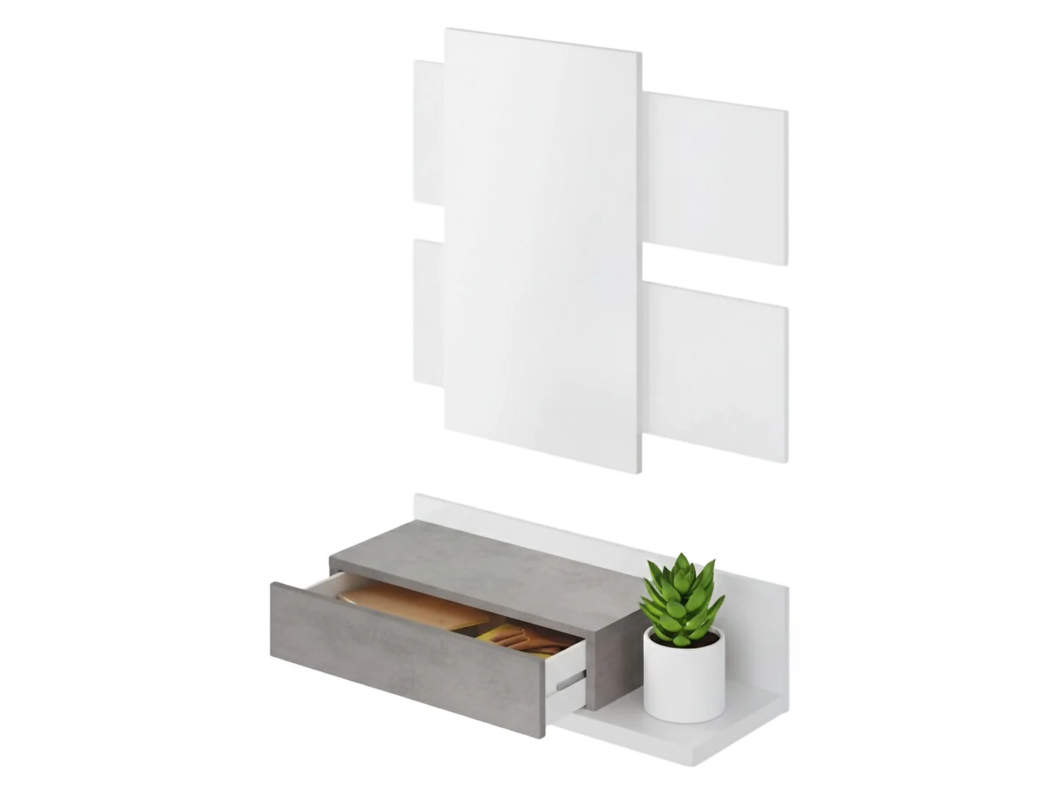 Mobile da ingresso Erie, Entratina sospesa con specchio, Mobile con cassetto per entrata, 75x29h90 cm, Bianco e Cemento