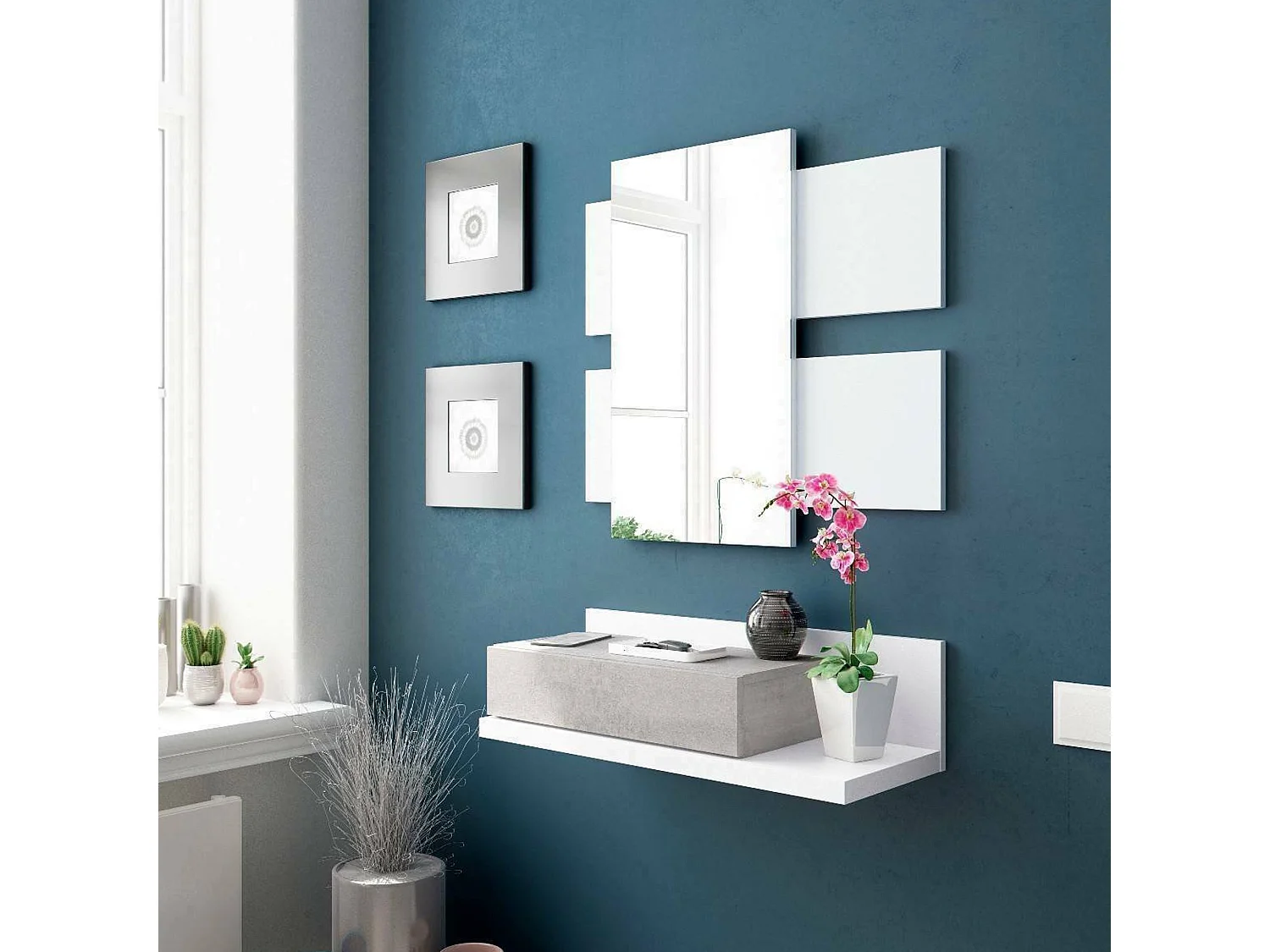 Mobile da ingresso Erie, Entratina sospesa con specchio, Mobile con cassetto per entrata, 75x29h90 cm, Bianco e Cemento