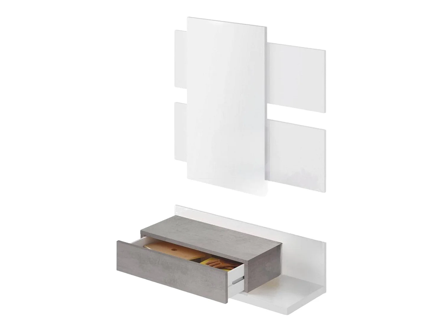 Mobile da ingresso Erie, Entratina sospesa con specchio, Mobile con cassetto per entrata, 75x29h90 cm, Bianco e Cemento