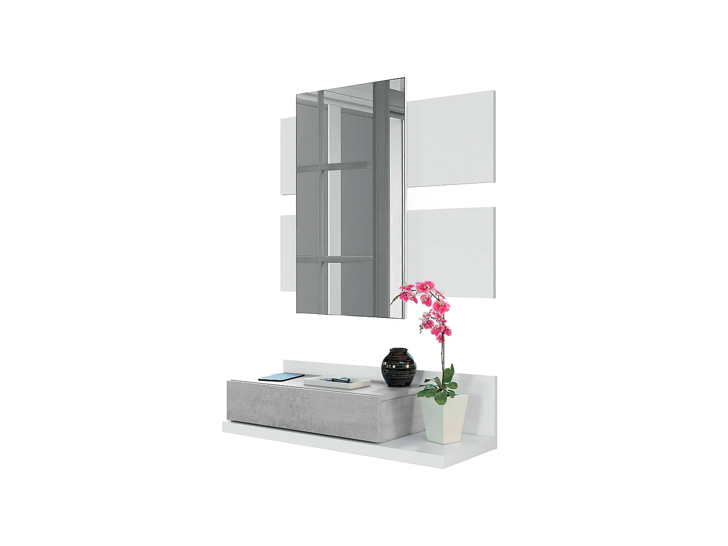 Mobile da ingresso Erie, Entratina sospesa con specchio, Mobile con cassetto per entrata, 75x29h90 cm, Bianco e Cemento