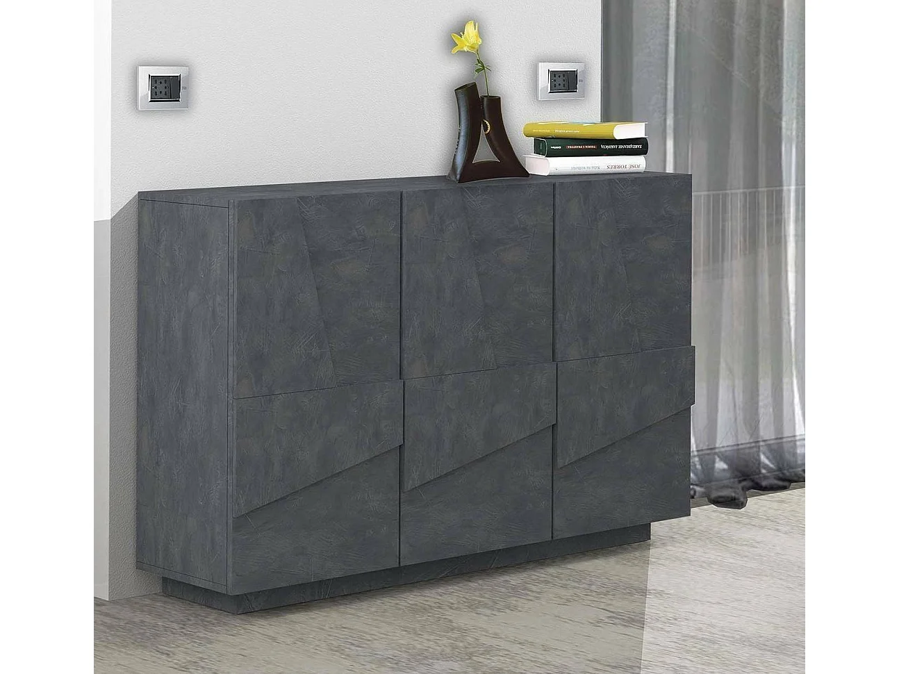 Buffet Elia, Buffet de salon multifonction, Buffet de salon 3 portes, 100% Made in Italy, 121x38h86 cm, Ardoise