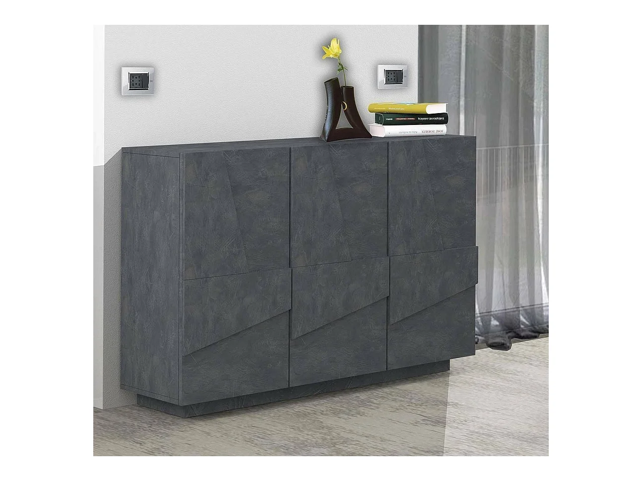 Credenza Elia, Buffet da soggiorno multifunzione, Madia da salotto a 3 ante, 100% Made in Italy, cm 121x38h86, Ardesia