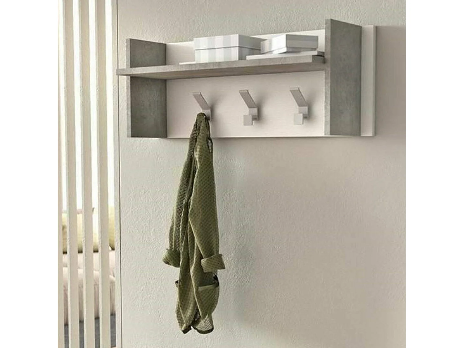 Mobilier d'entrée Narciso, Cintre avec 3 crochets, Etagère de rangement d'entrée, 100% Made in Italy, 90x29h34 cm, Blanc et Ciment