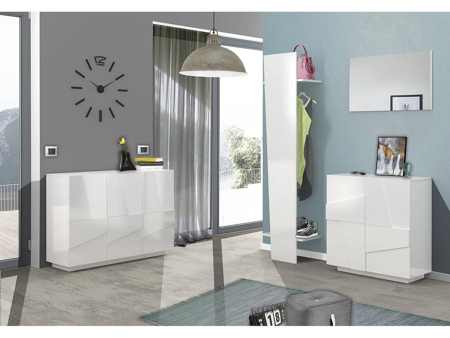 Dmora Halmeubel Sante 30x50x200h cm Glanzend Wit, 2 Planken Kledingrek, 3 Vakken Gemaakt in Italië