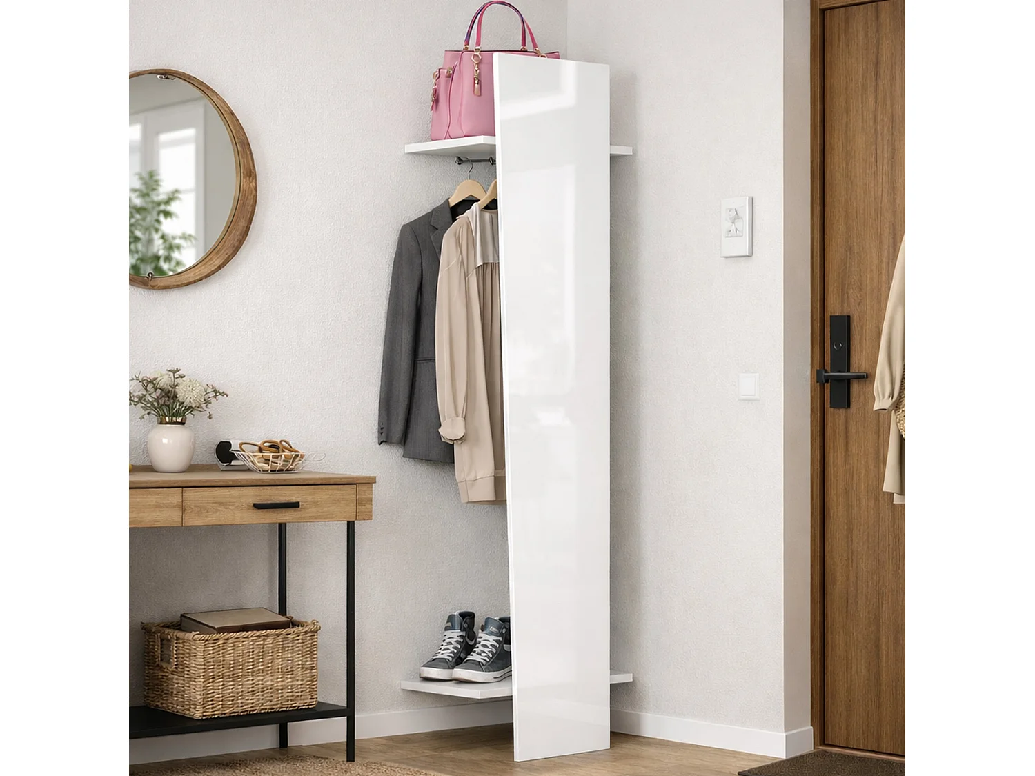 Dmora Halmeubel Sante 30x50x200h cm Glanzend Wit, 2 Planken Kledingrek, 3 Vakken Gemaakt in Italië