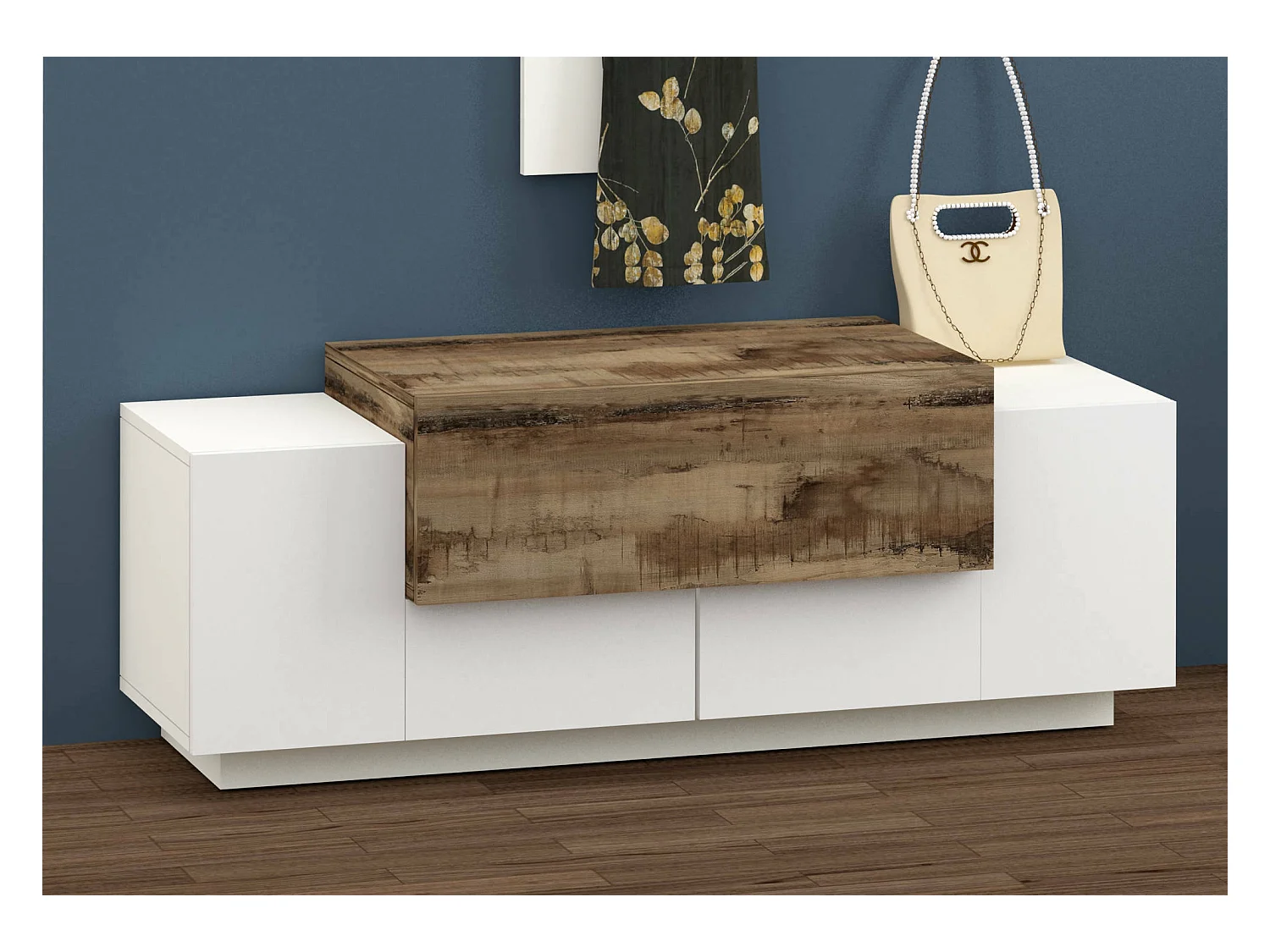 Mirco entreemeubilair, moderne multifunctionele entree, multifunctionele locker voor inkomhal, 100% Made in Italy, 120x45h46 cm, glanzend wit en esdoorn