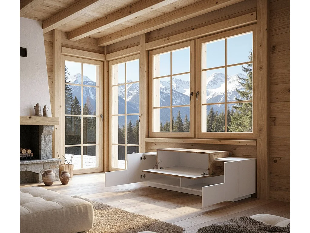 Meuble d'entrée Mirco, entrée multifonction moderne, casier polyvalent pour hall d'entrée, 100% Made in Italy, 120x45h46 cm, blanc brillant et érable