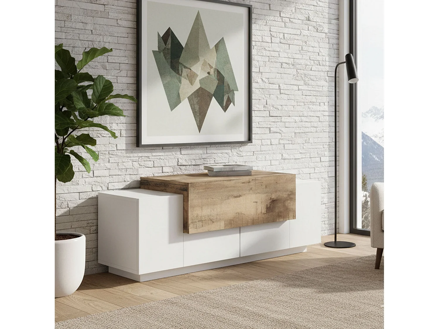 Meuble d'entrée Mirco, entrée multifonction moderne, casier polyvalent pour hall d'entrée, 100% Made in Italy, 120x45h46 cm, blanc brillant et érable