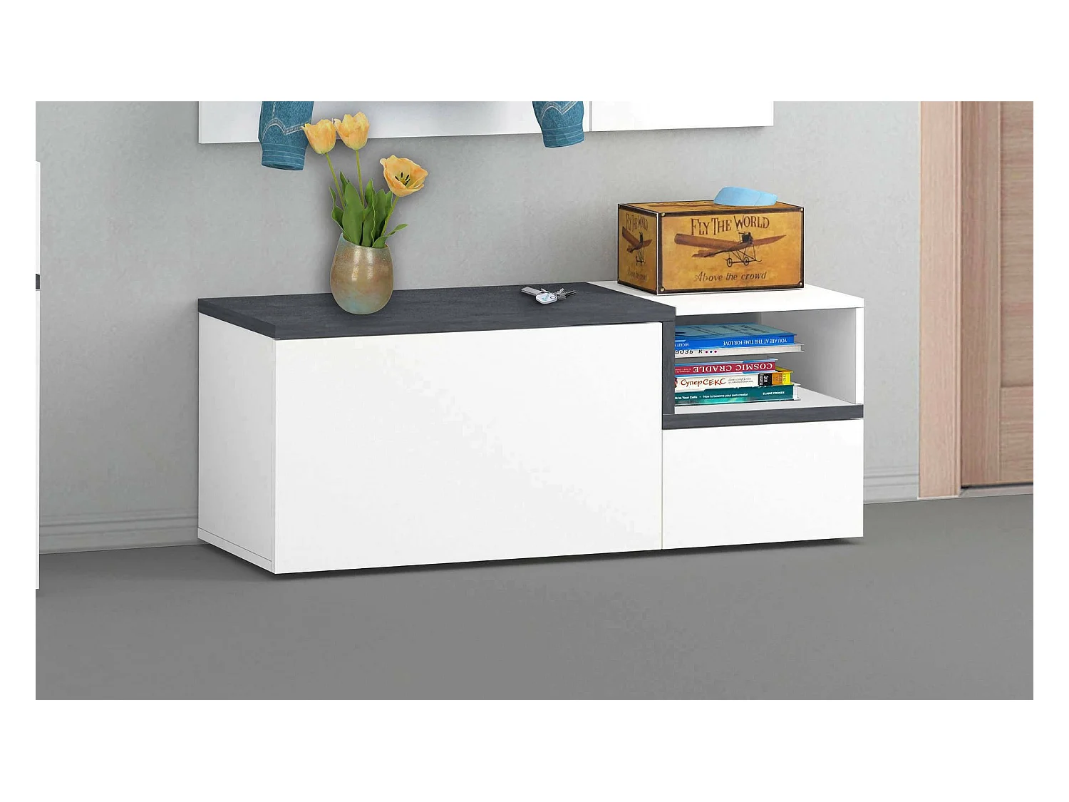 Mobilier d'entrée Flavio, Entrée multifonction moderne, Casier polyvalent pour hall d'entrée, 100% Made in Italy, 120x40h54 cm, Blanc brillant et ardoise